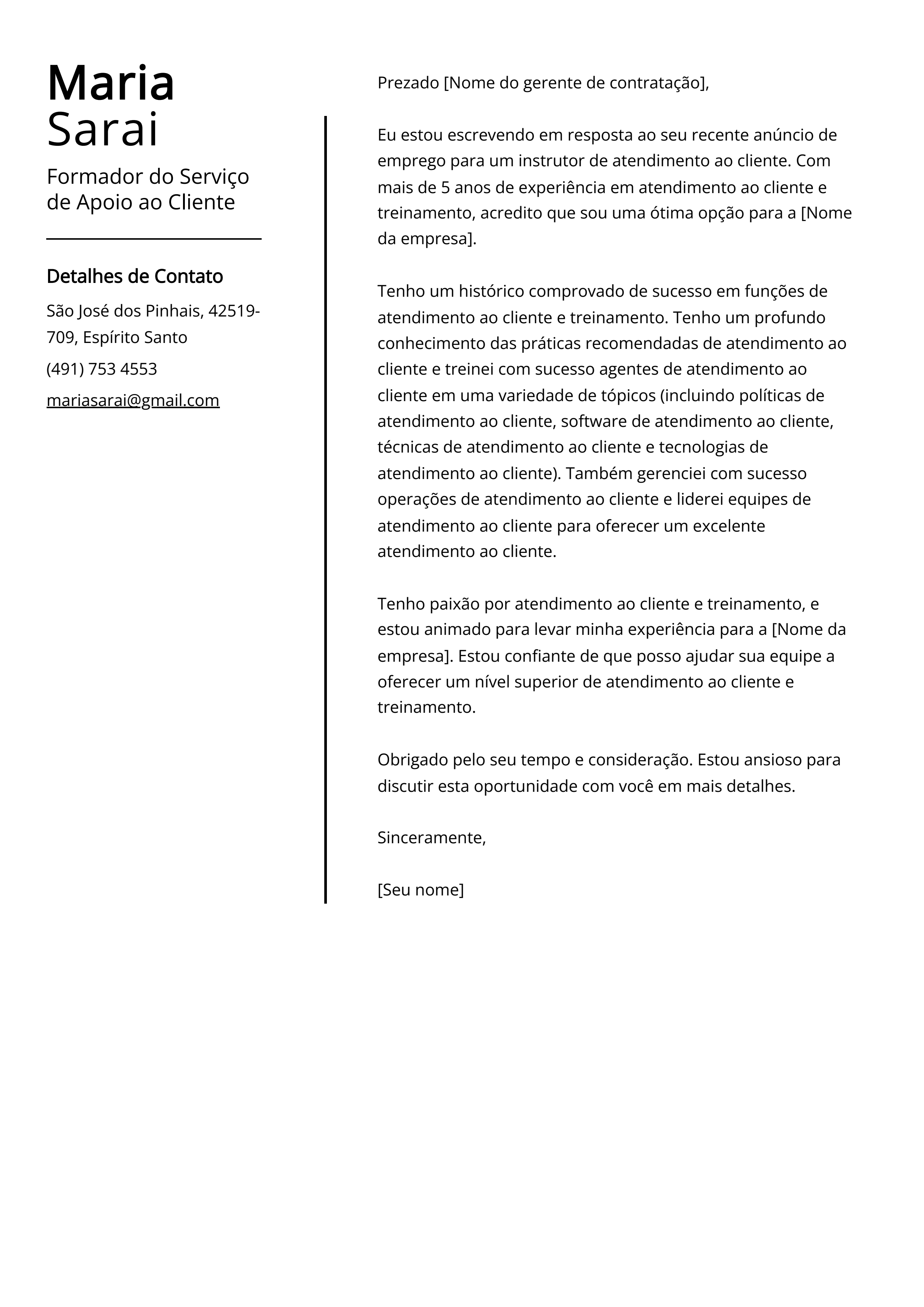 Exemplo de carta de apresentação do Formador do Serviço de Apoio ao Cliente