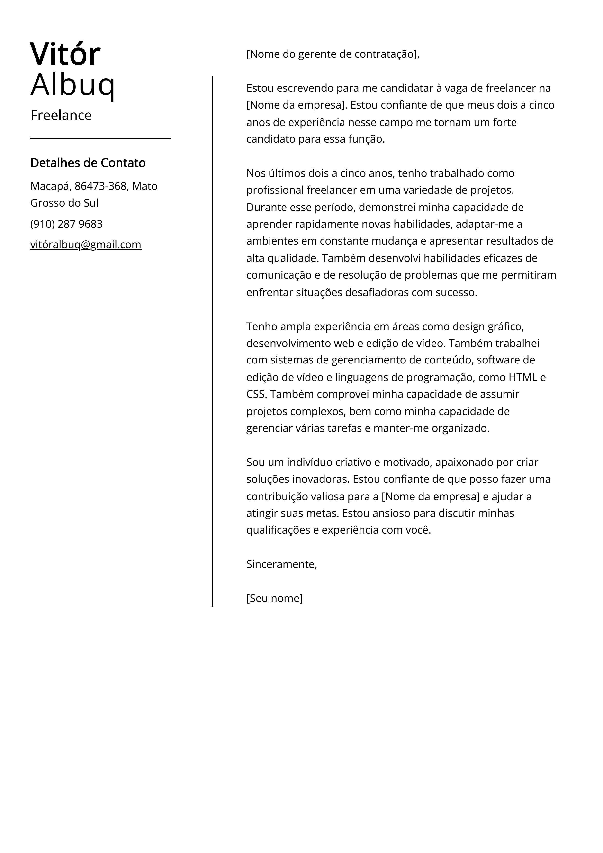 Exemplo de carta de apresentação Freelance