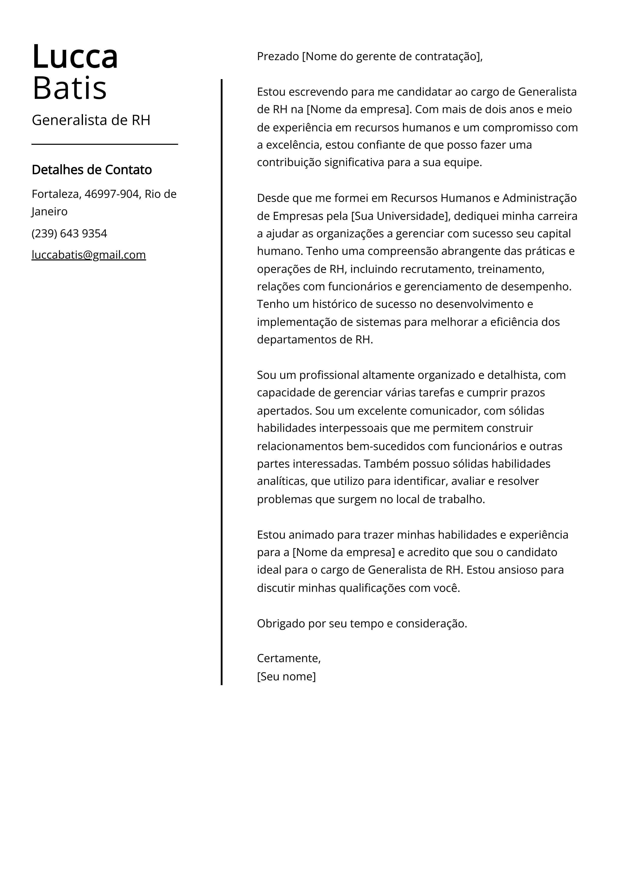 Exemplo de carta de apresentação de Generalista de RH