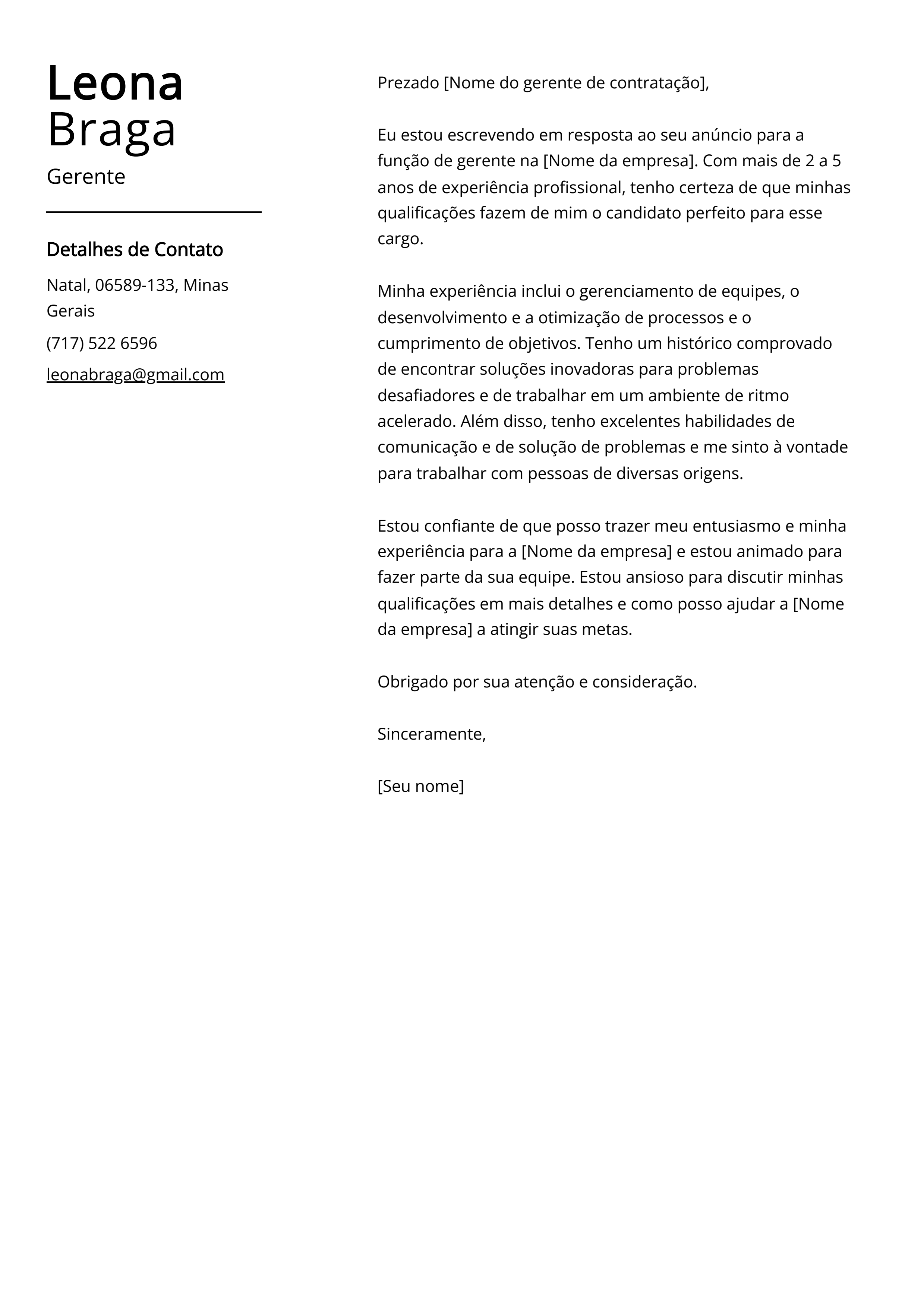 Exemplo de carta de apresentação de gerente