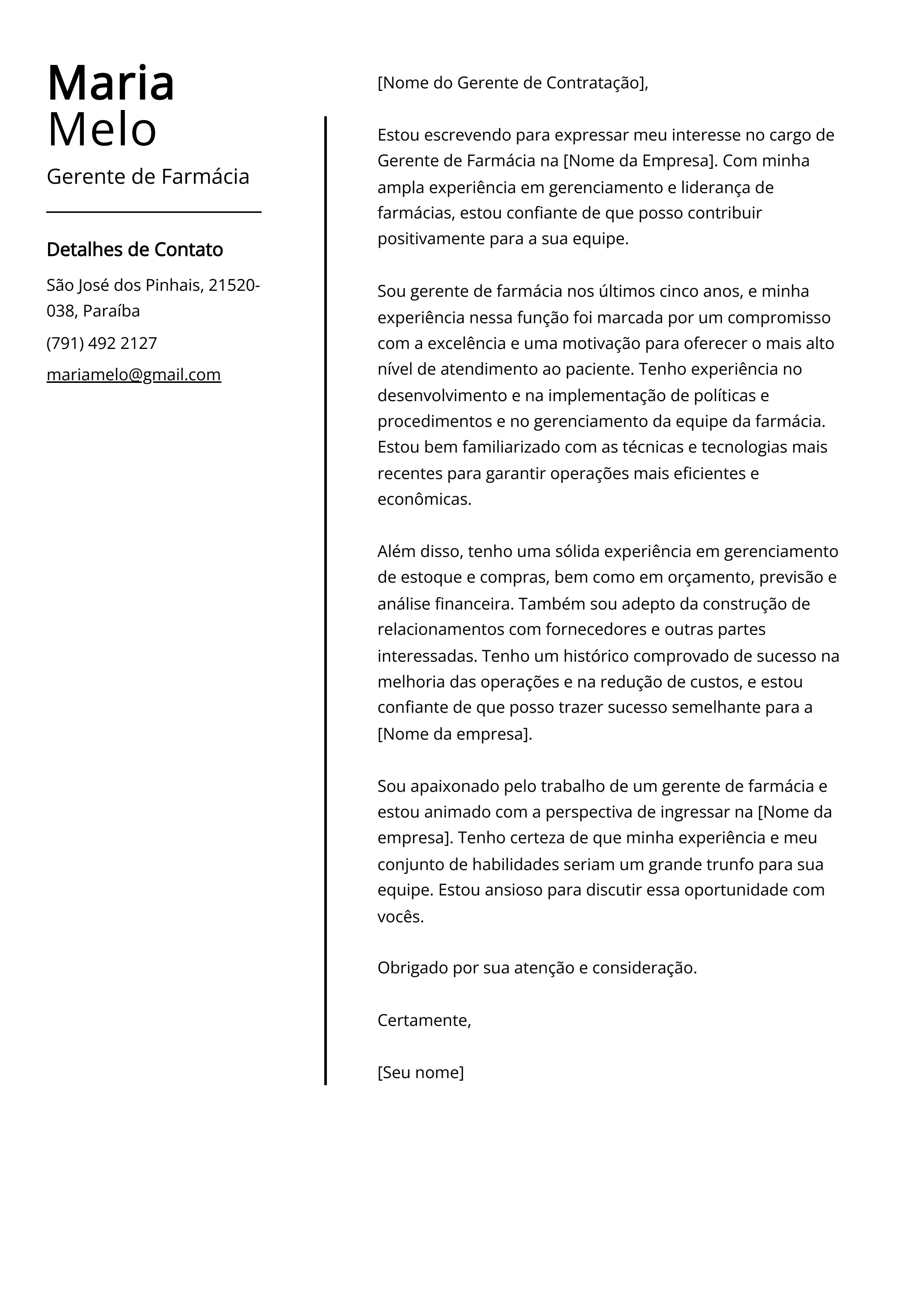 Exemplo de carta de apresentação de Gerente de Farmácia
