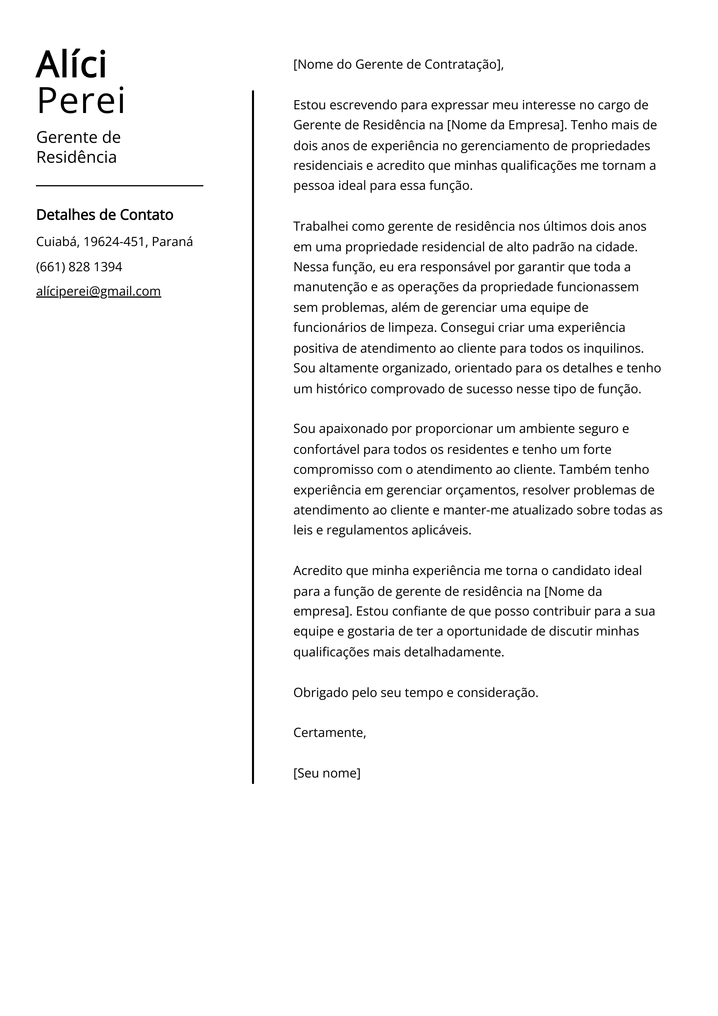 Exemplo de carta de apresentação de gerente de residência