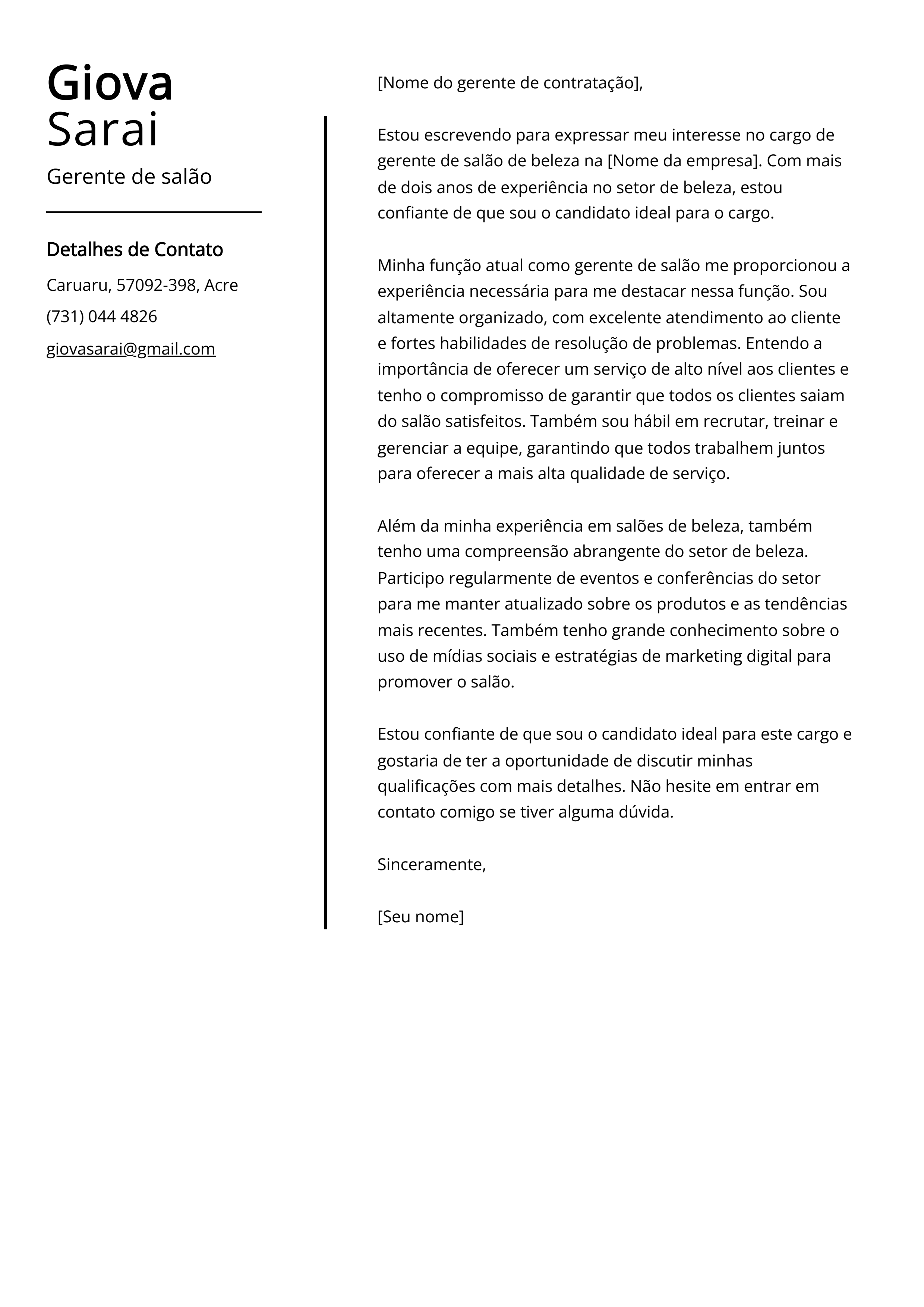 Exemplo de carta de apresentação de gerente de salão