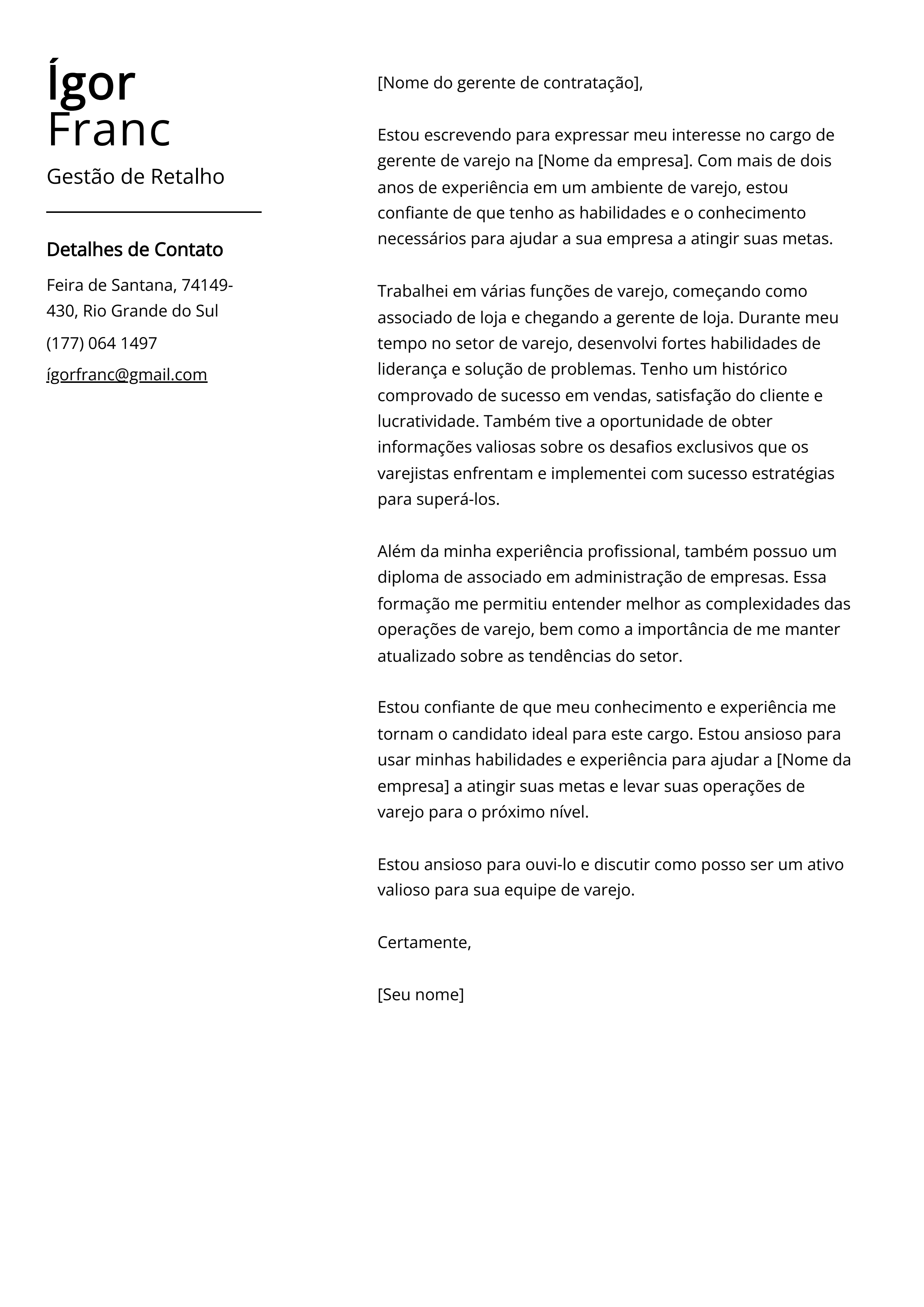 Exemplo de carta de apresentação de Gestão de Retalho