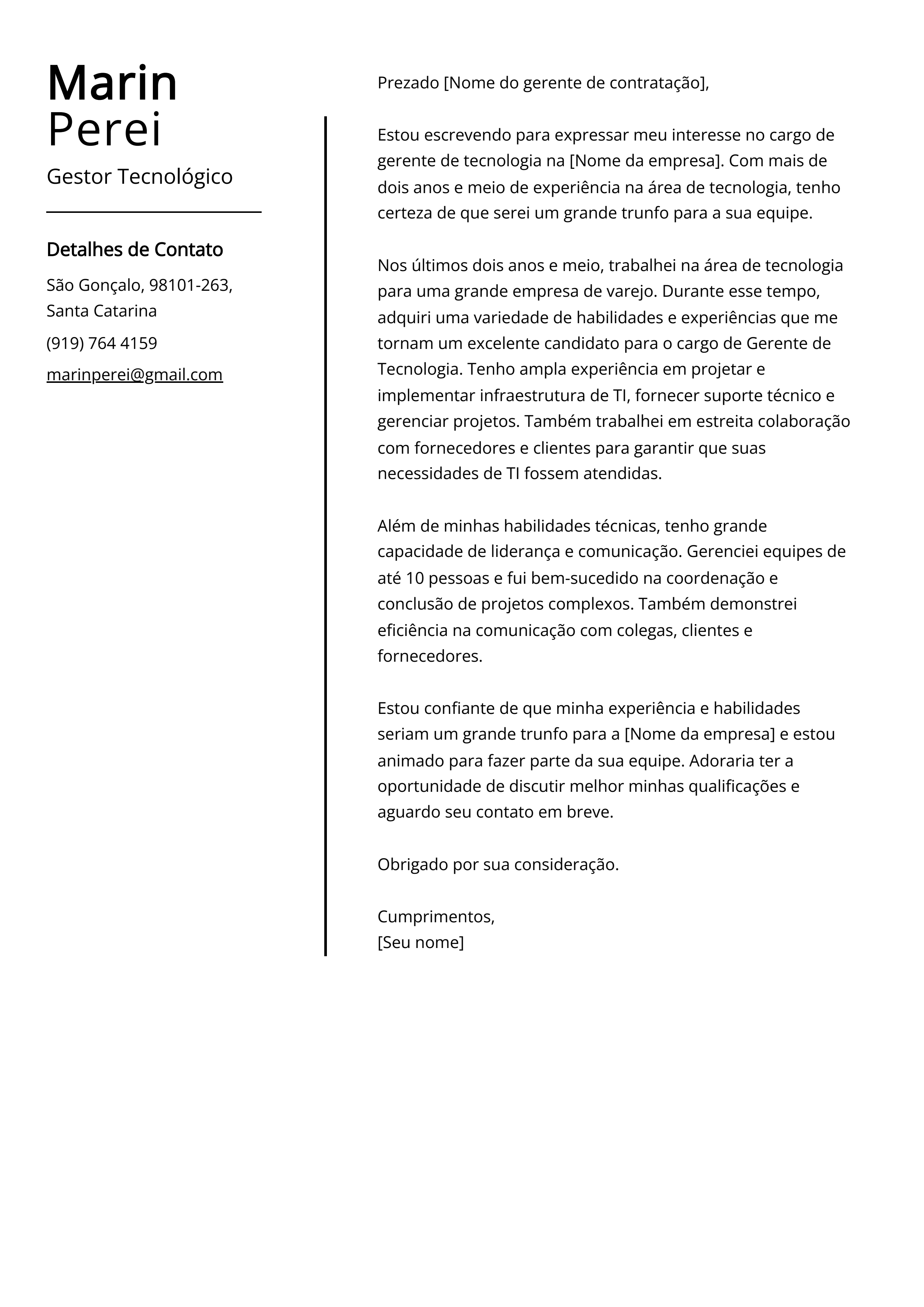 Exemplo de Carta de Apresentação de Gestor Tecnológico