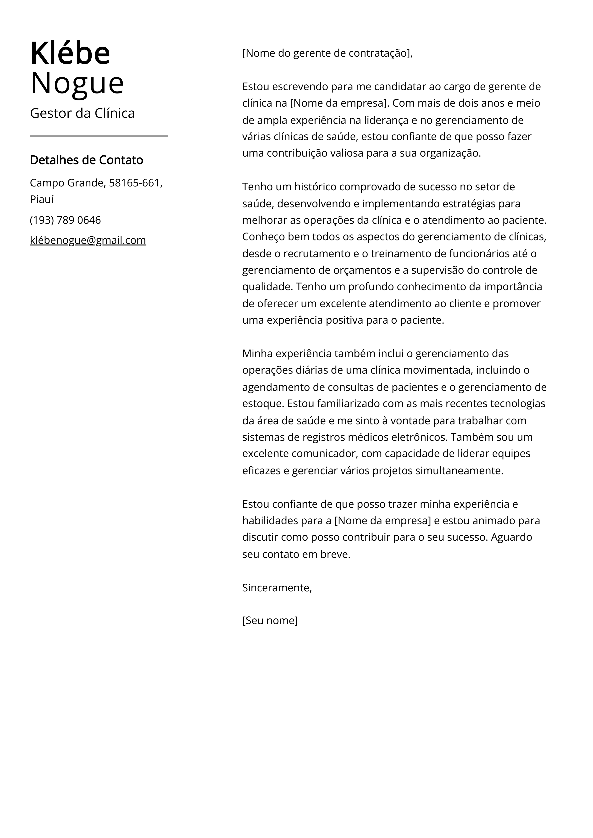 Exemplo de carta de apresentação do Gestor da Clínica