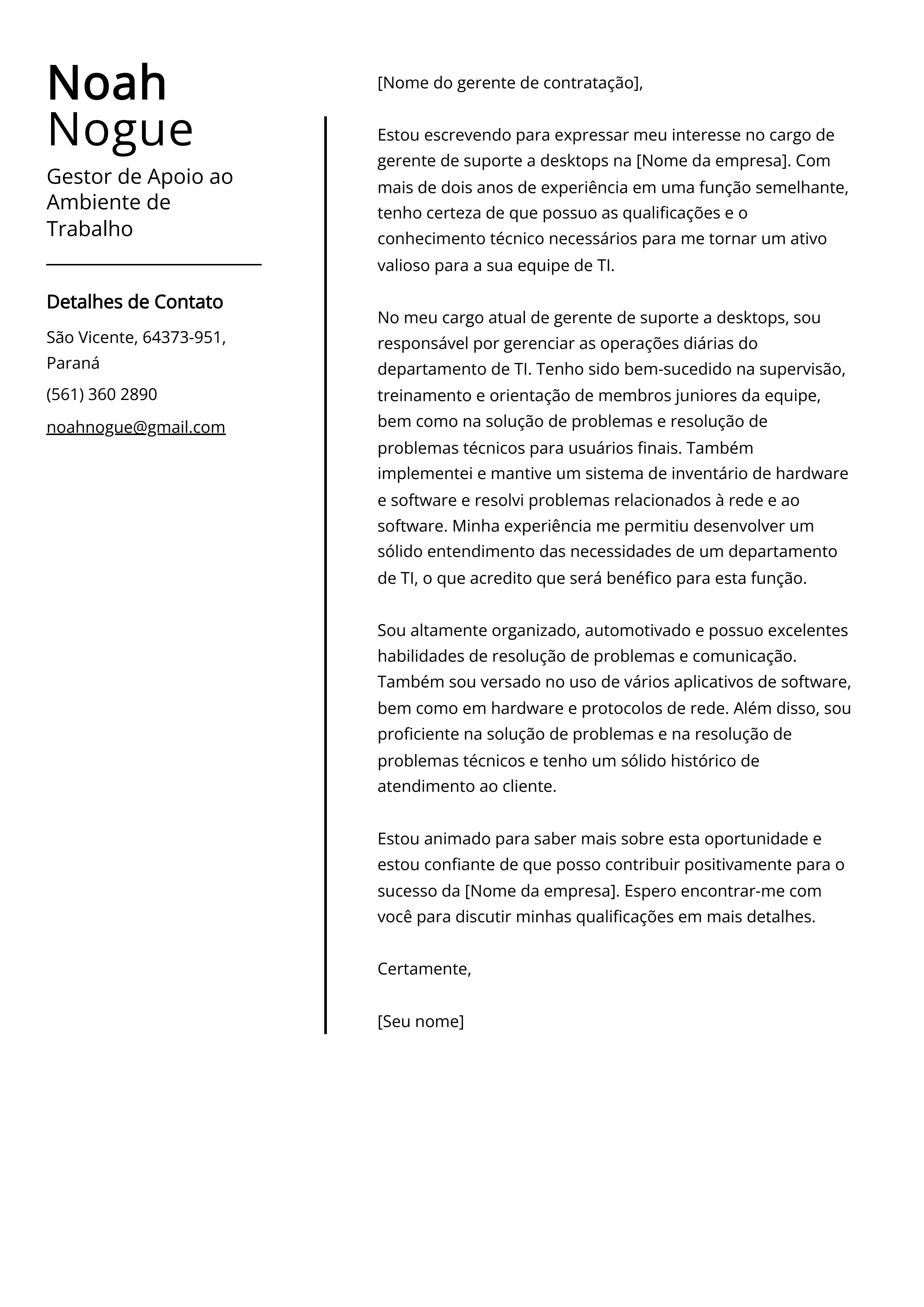 Exemplo de carta de apresentação do Gestor de Apoio ao Ambiente de Trabalho