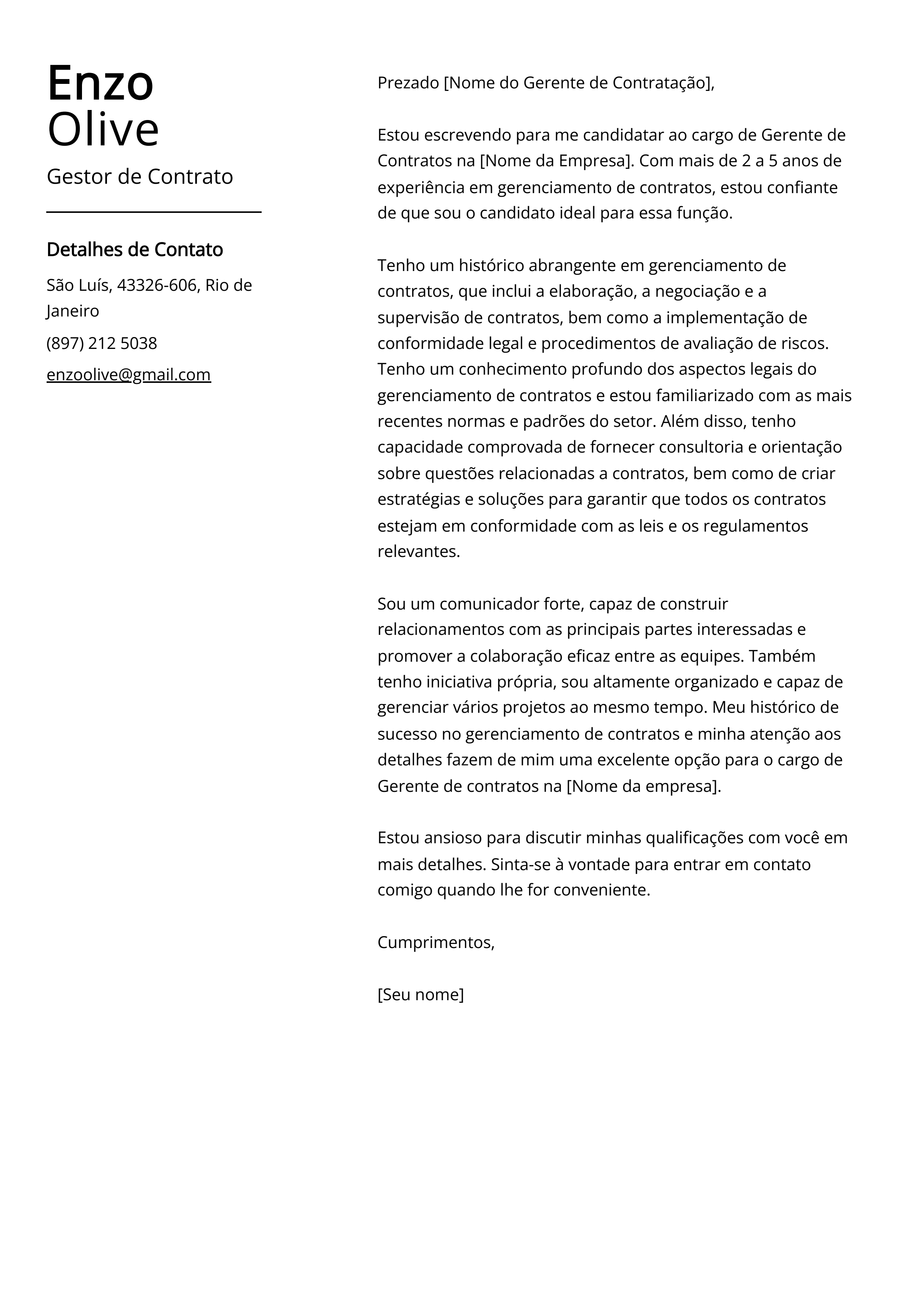 Exemplo de carta de apresentação do Gestor de Contrato