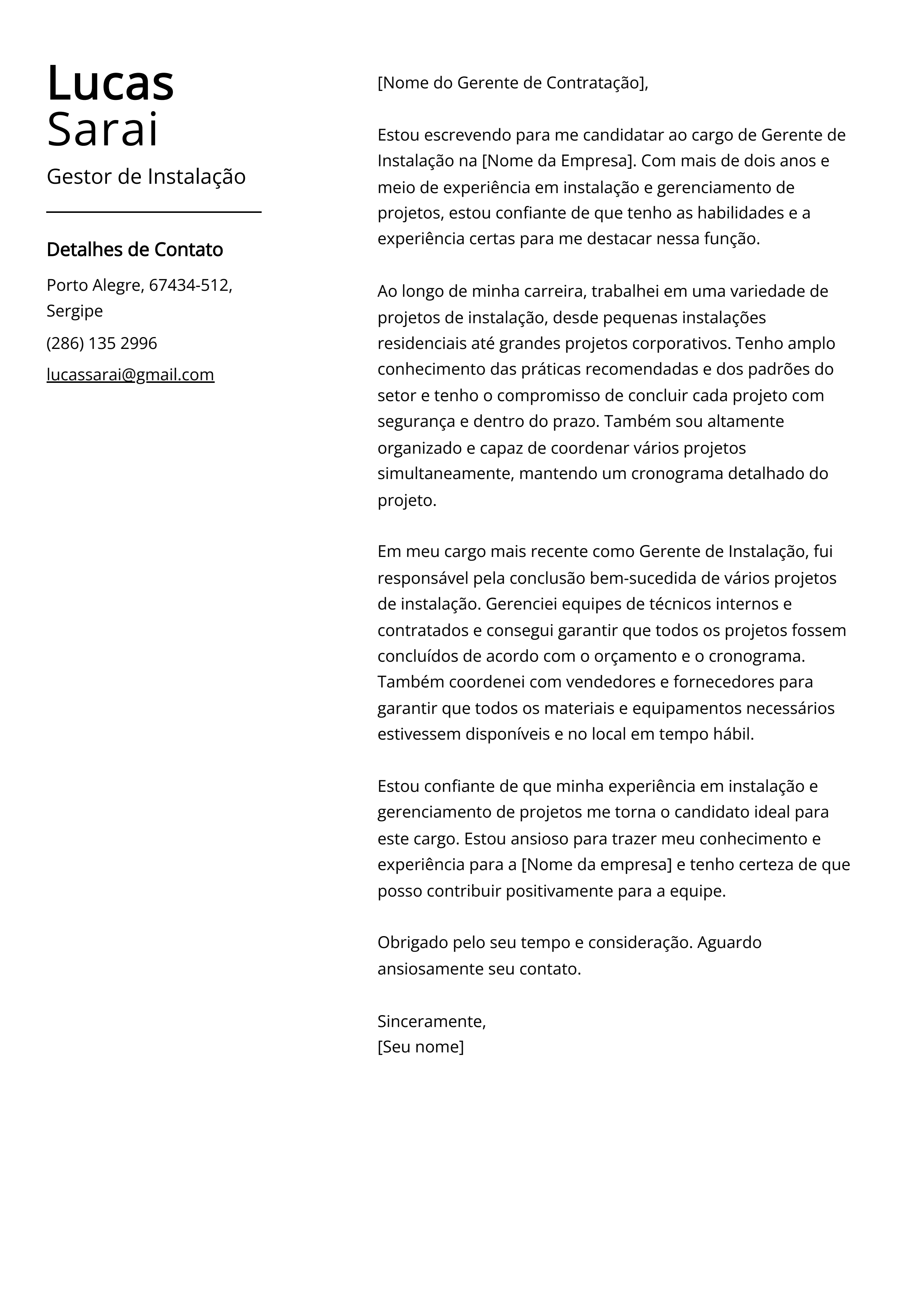 Exemplo de Carta de Apresentação de Gestor de Instalação