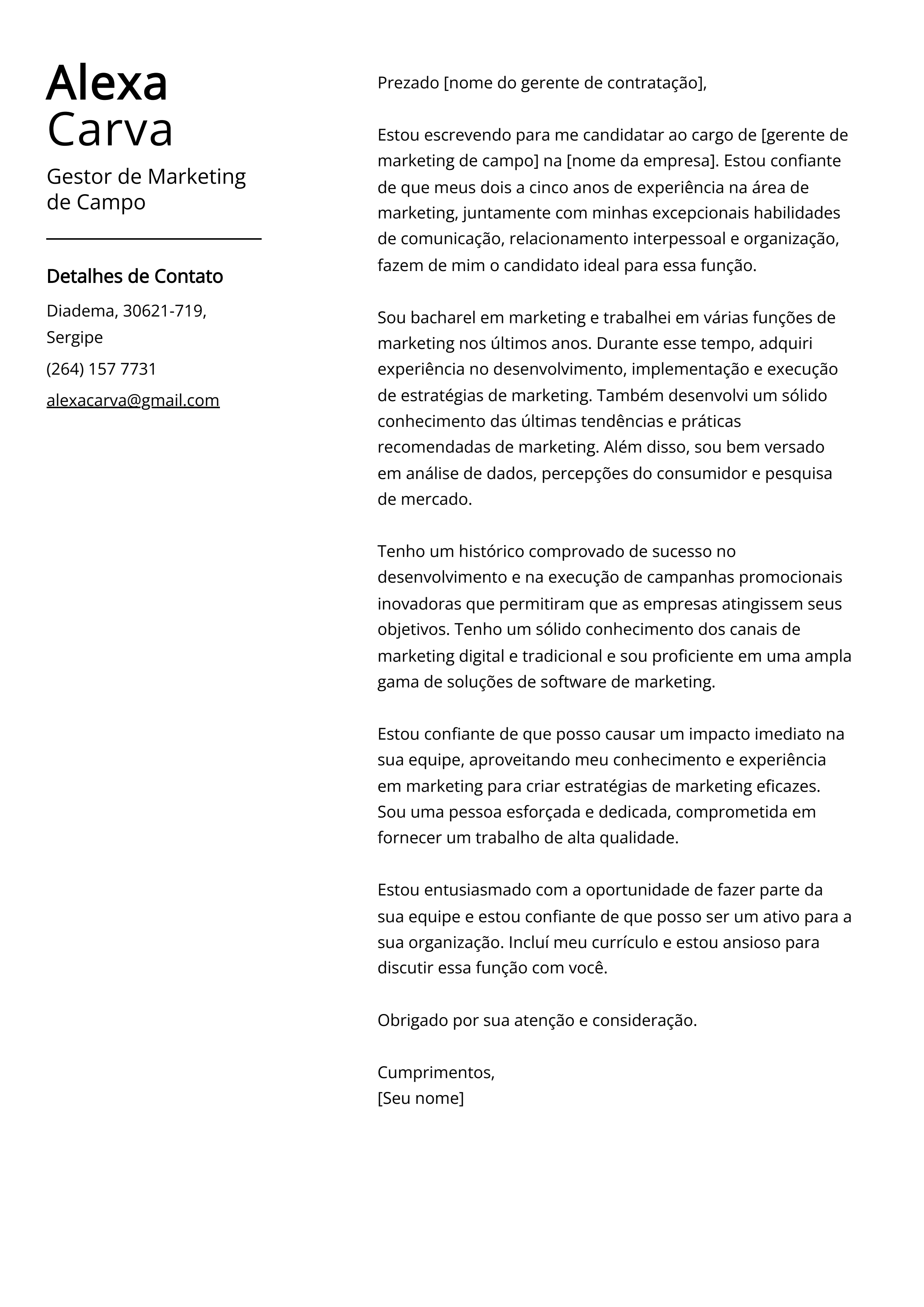 Exemplo de carta de apresentação do Gestor de Marketing de Campo