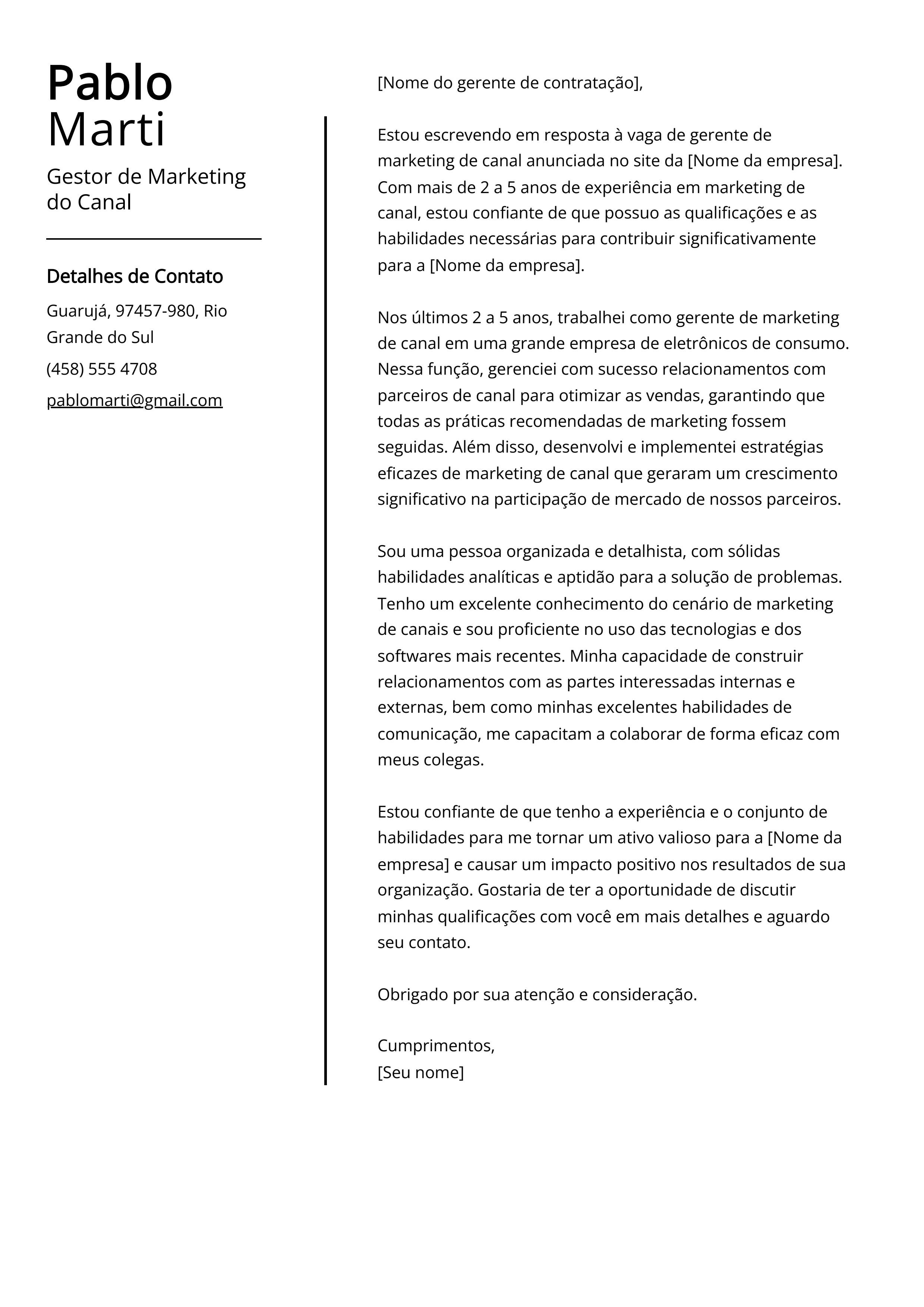 Exemplo de carta de apresentação do Gestor de Marketing do Canal