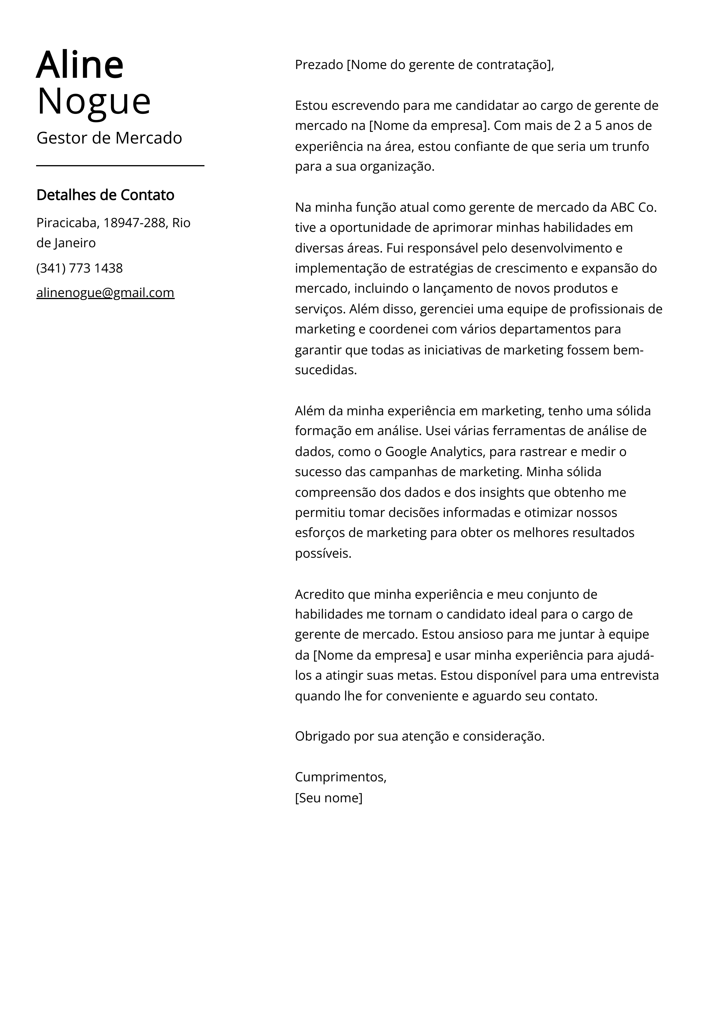 Exemplo de carta de apresentação do Gestor de Mercado