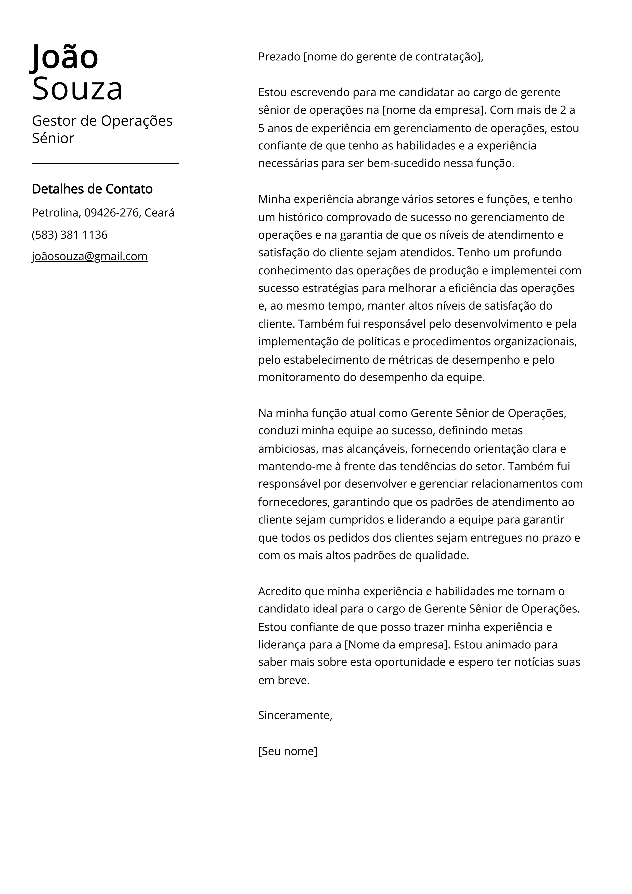 Exemplo de carta de apresentação do Gestor de Operações Sênior