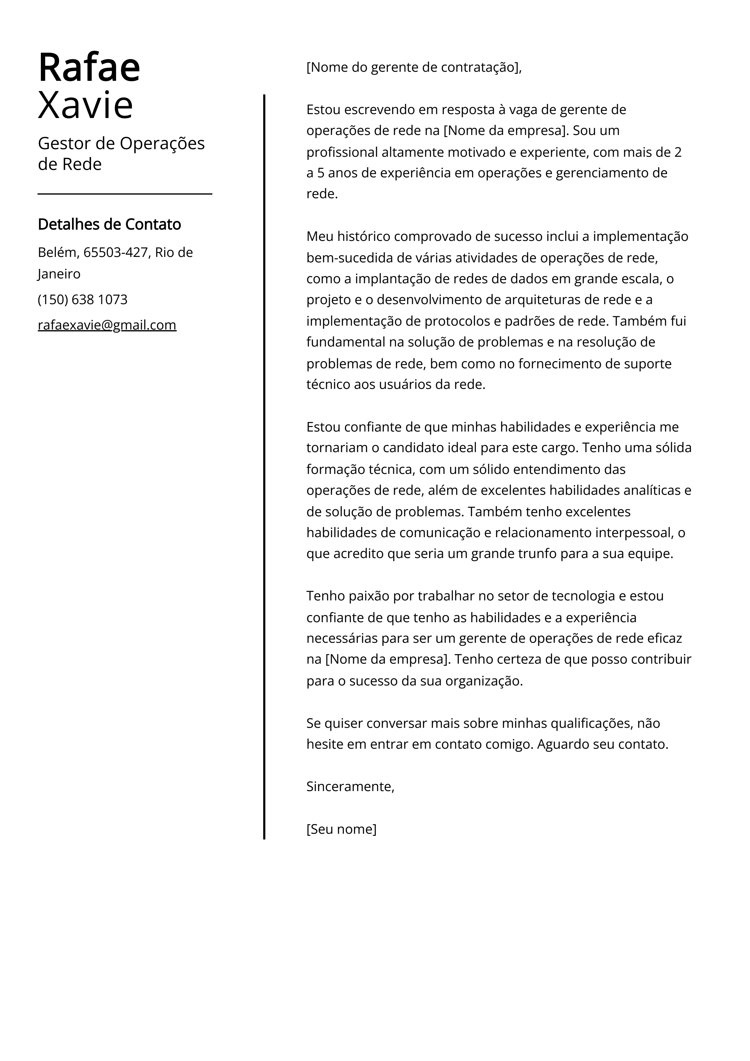 Exemplo de carta de apresentação do Gestor de Operações de Rede