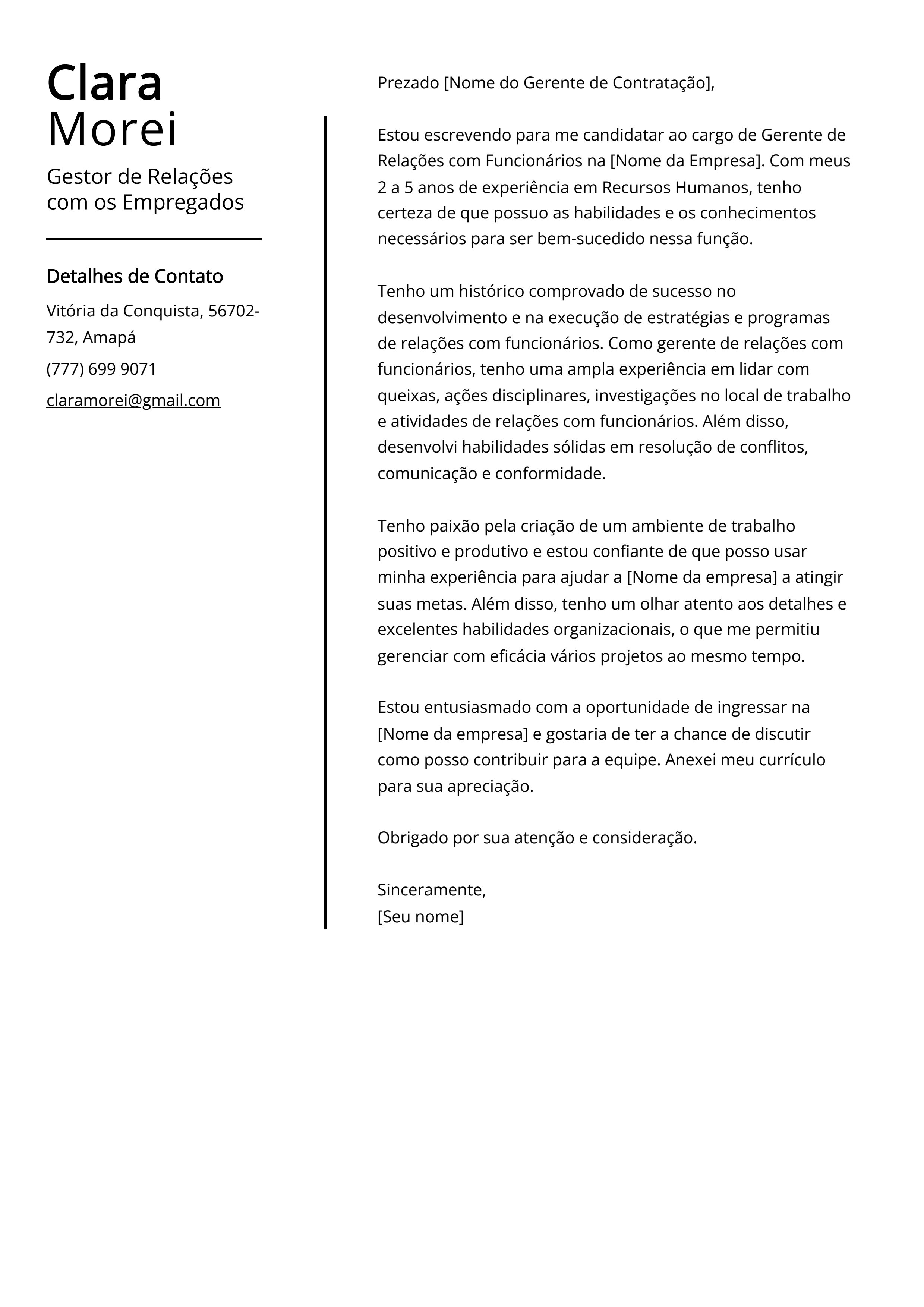 Exemplo de carta de apresentação do Gestor de Relações com os Empregados