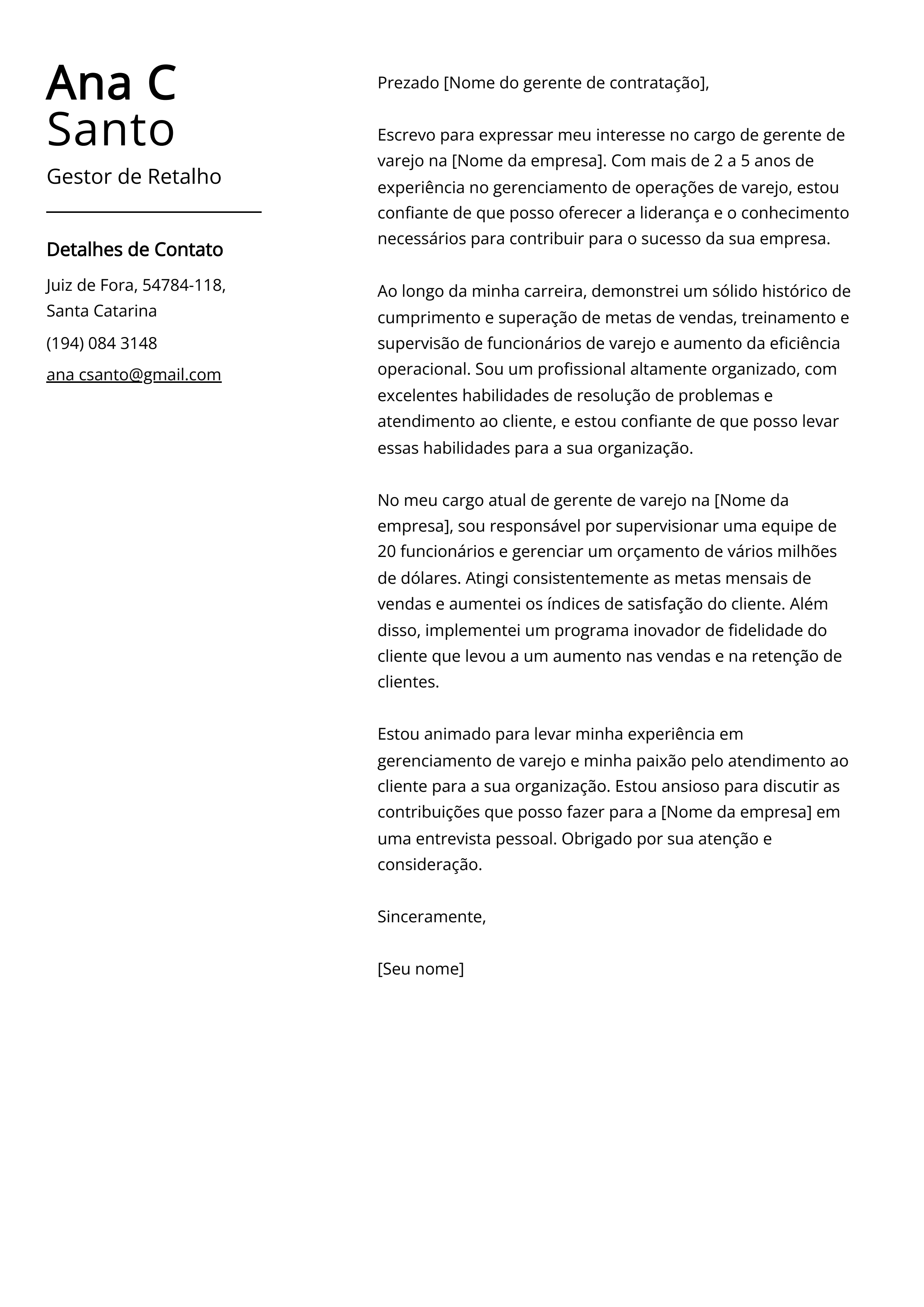 Exemplo de Carta de Apresentação de Gestor de Retalho