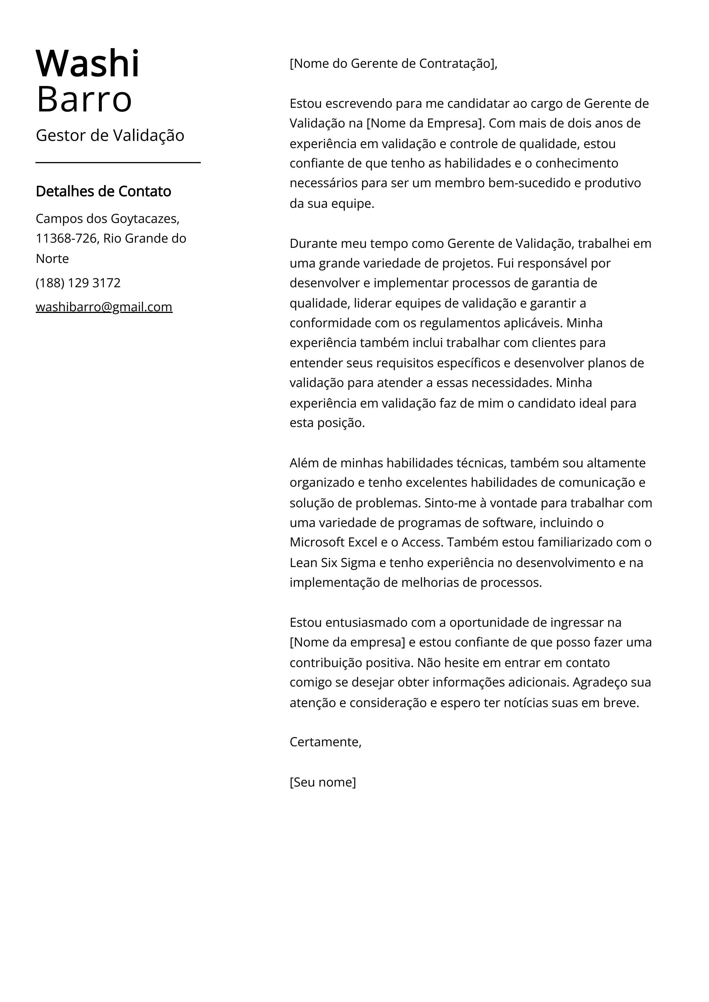 Exemplo de Carta de Apresentação de Gestor de Validação