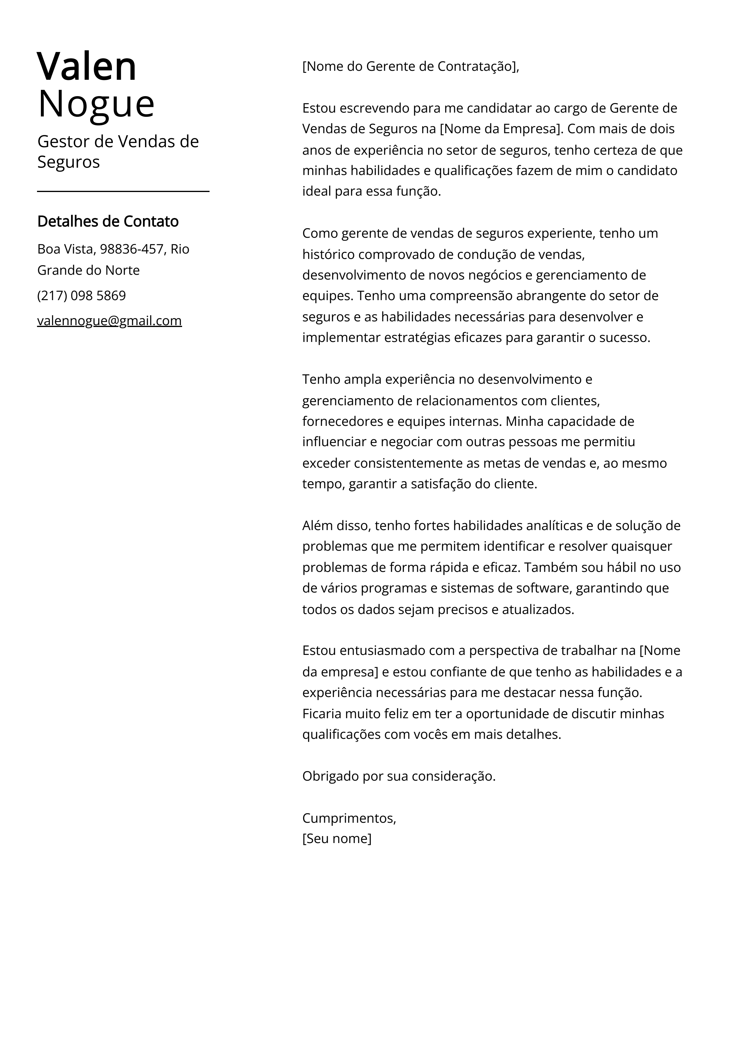 Exemplo de carta de apresentação do Gestor de Vendas de Seguros