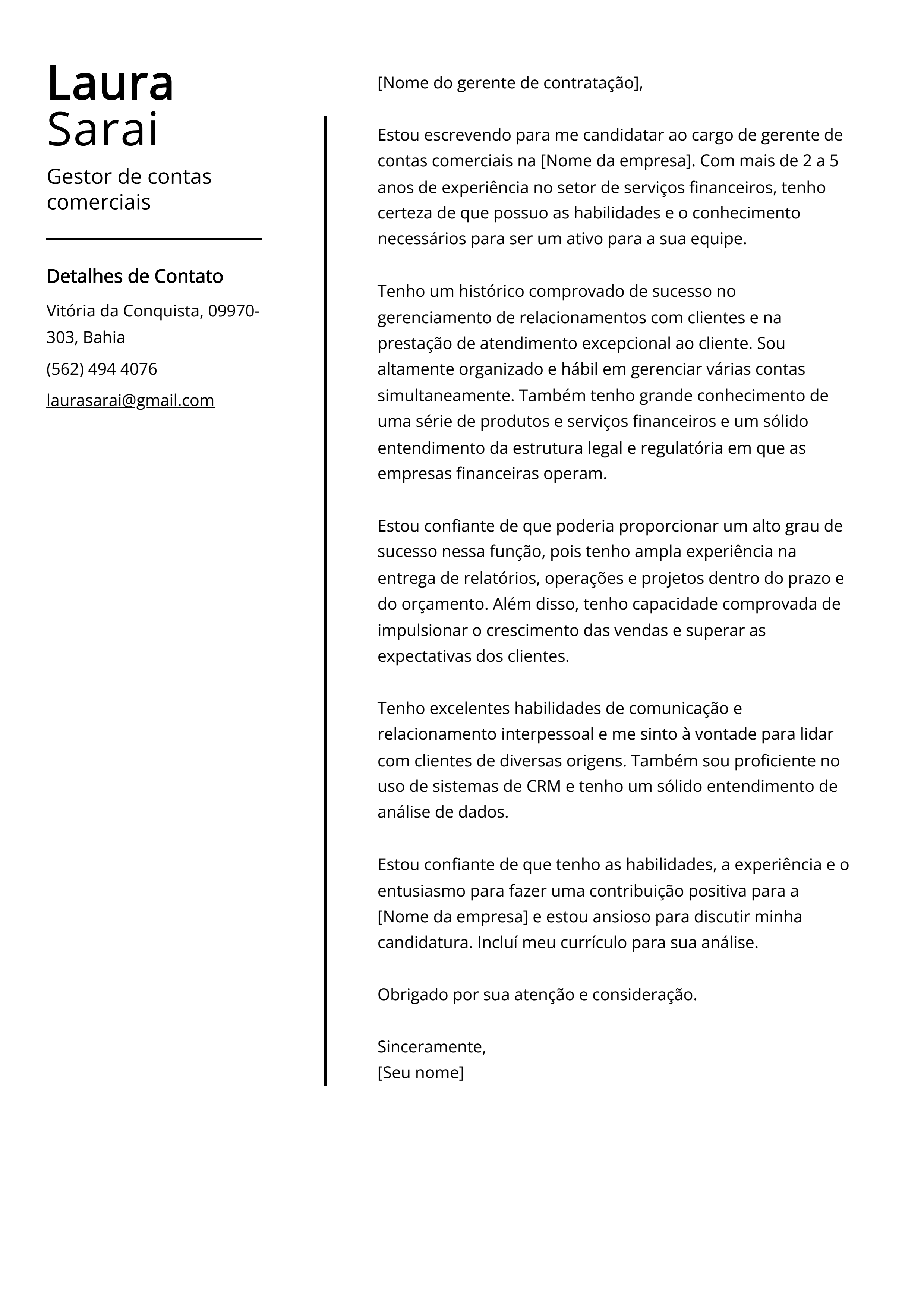 Exemplo de carta de apresentação do Gestor de contas comerciais