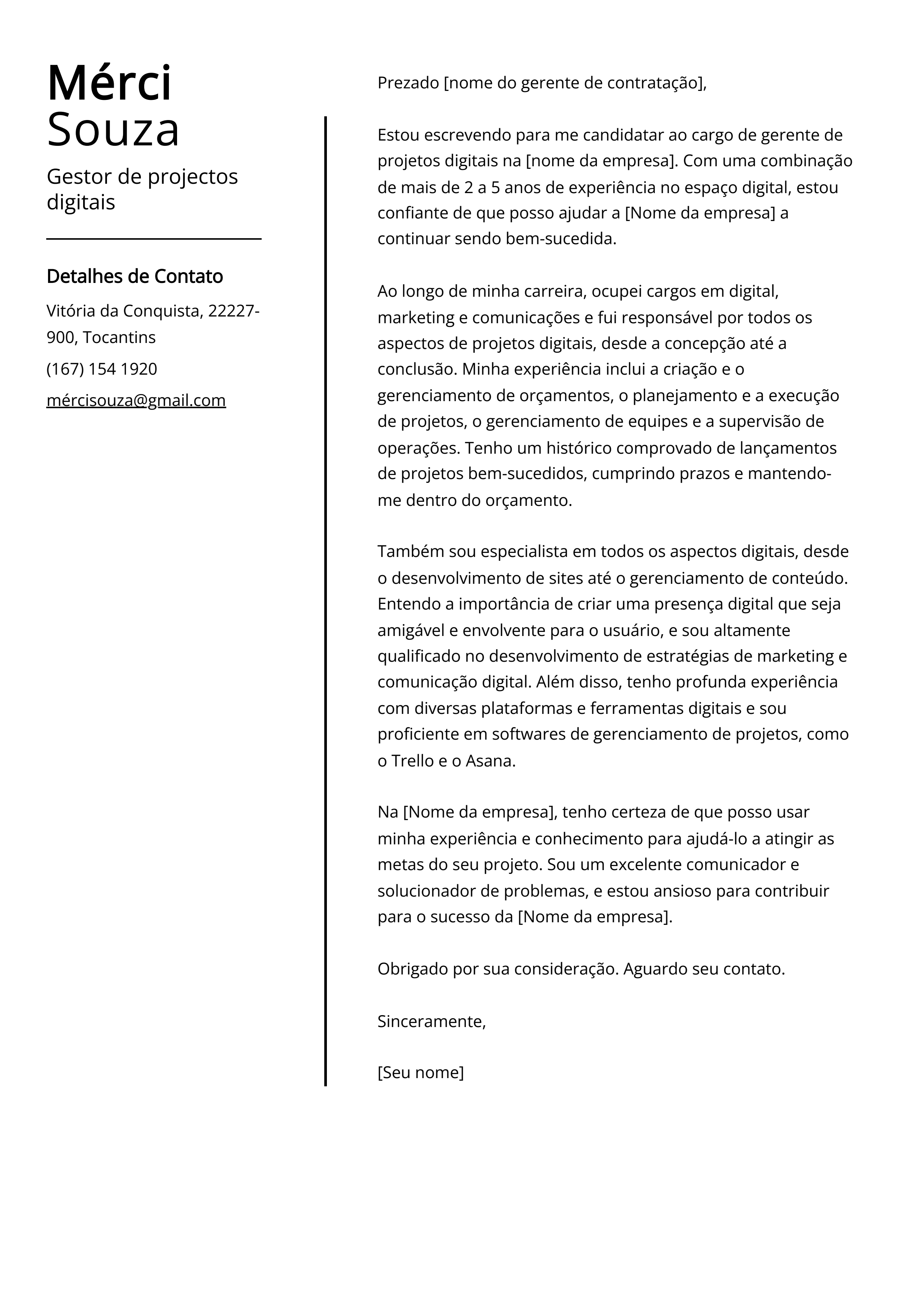 Exemplo de carta de apresentação do Gestor de Projetos Digitais