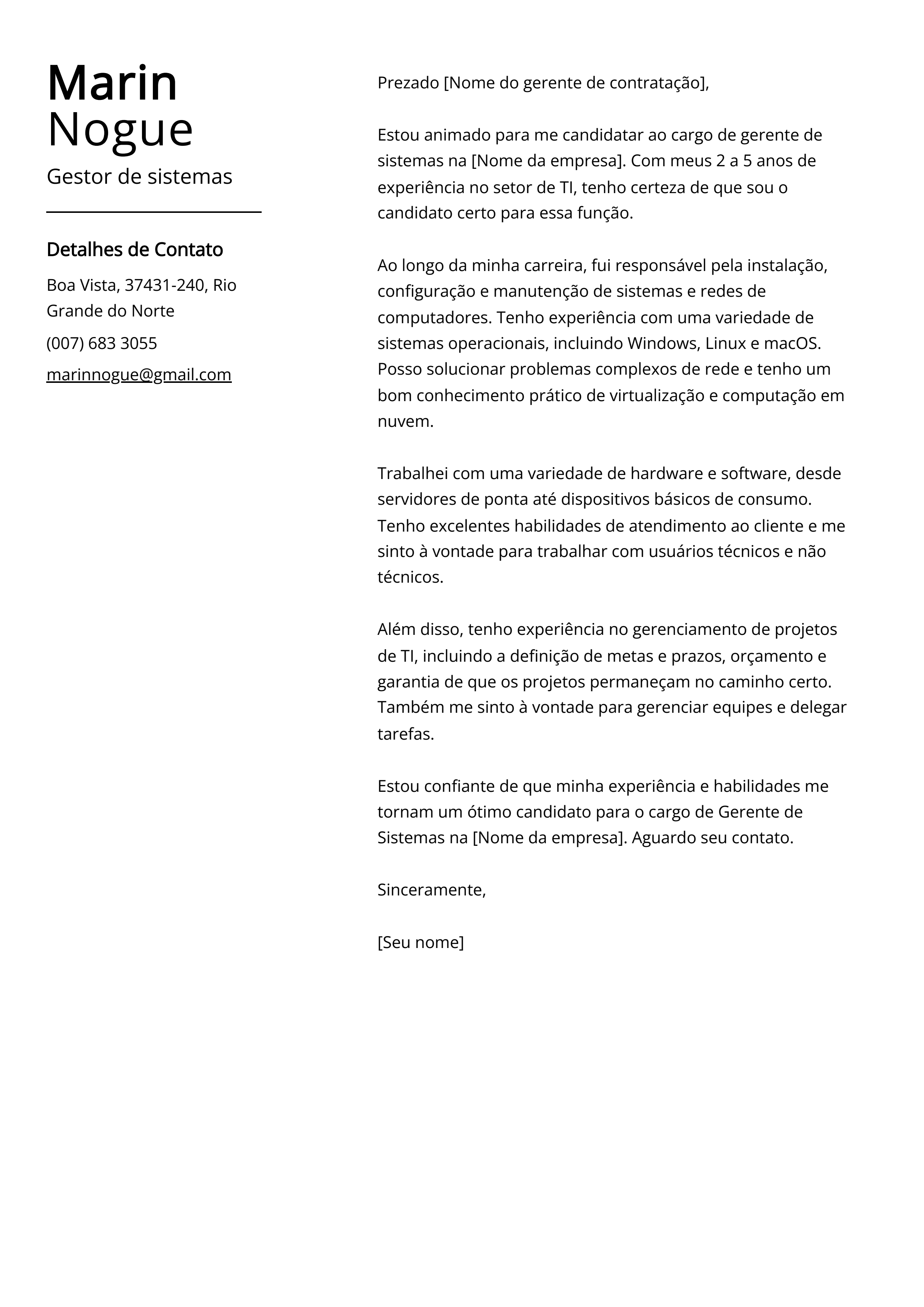 Exemplo de Carta de Apresentação de Gestor de Sistemas