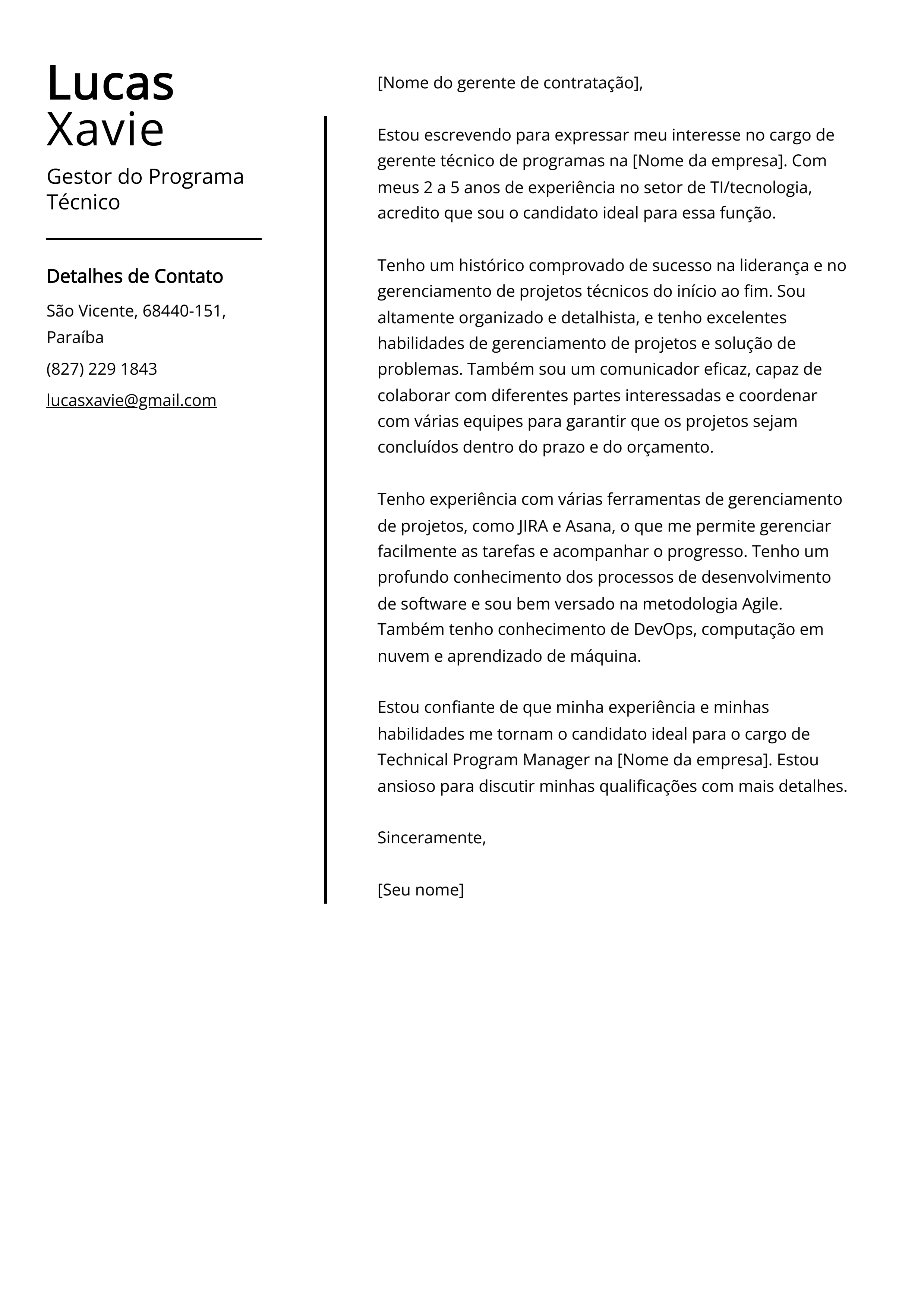 Exemplo de carta de apresentação do Gestor do Programa Técnico