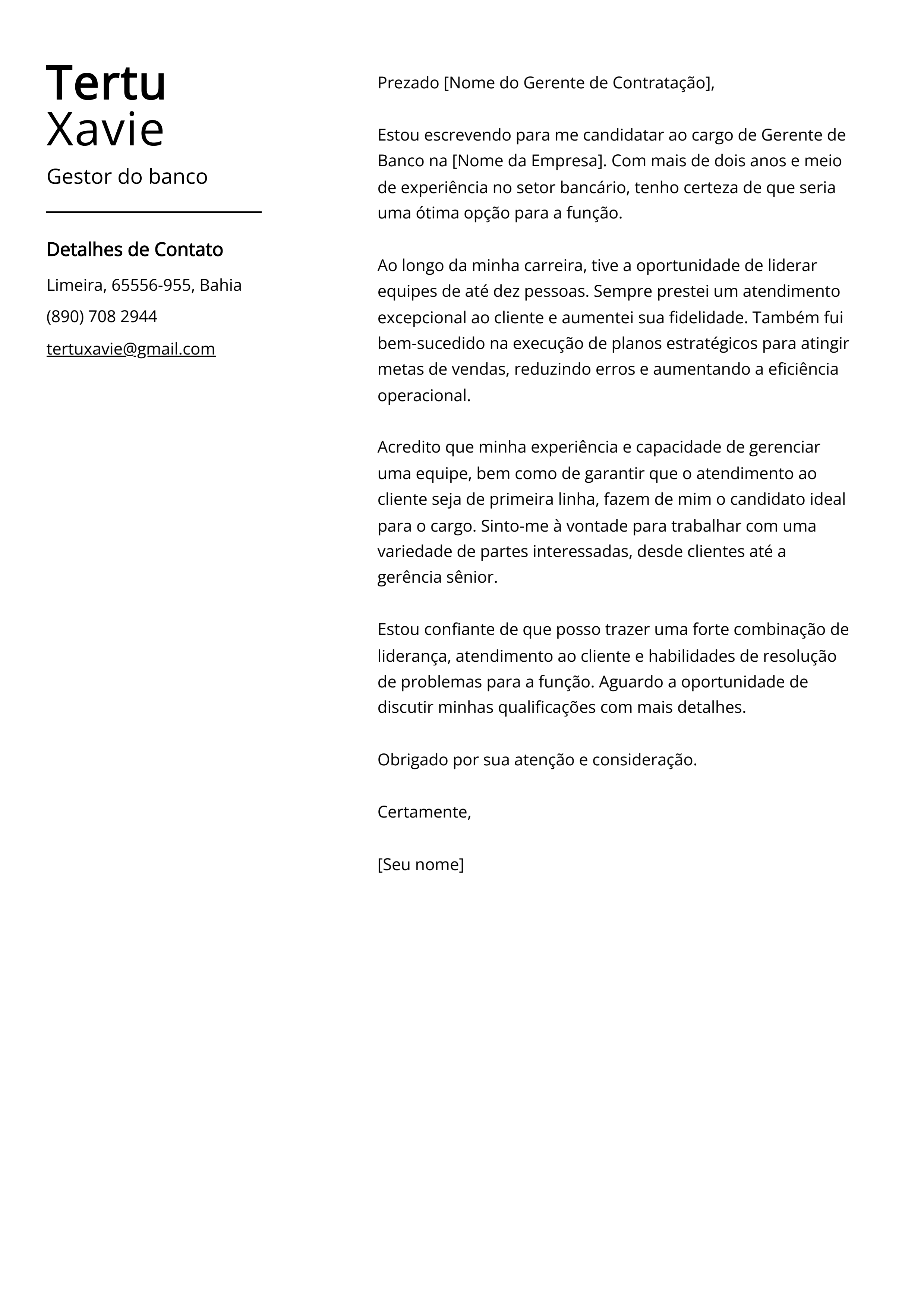 Exemplo de Carta de Apresentação do Gestor do Banco