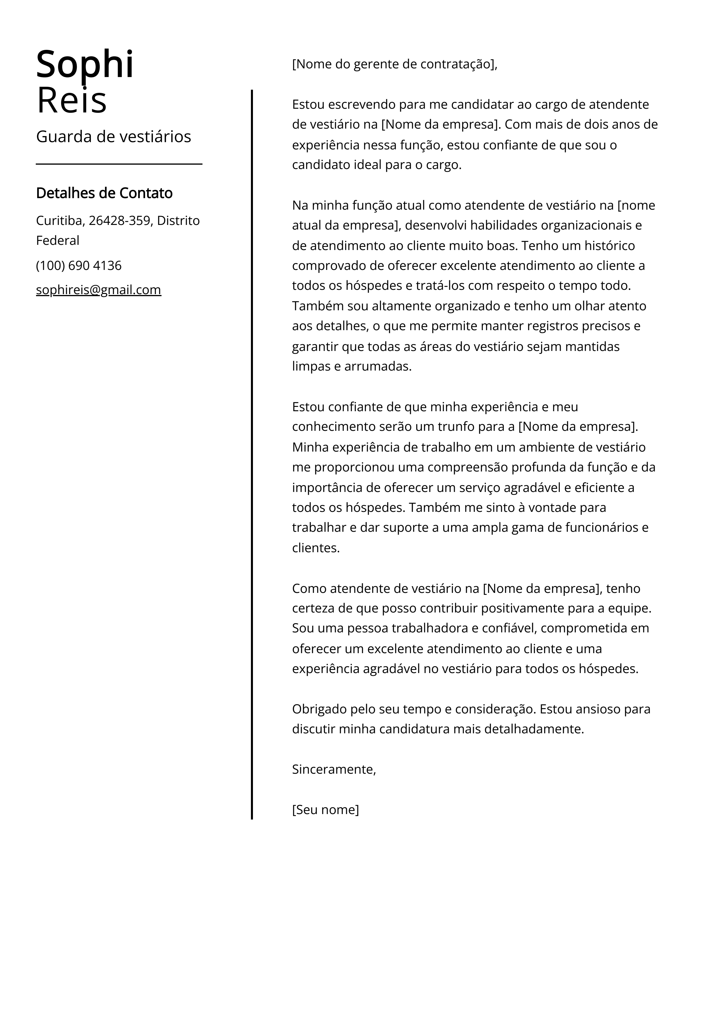 Exemplo de carta de apresentação de guarda de vestiários