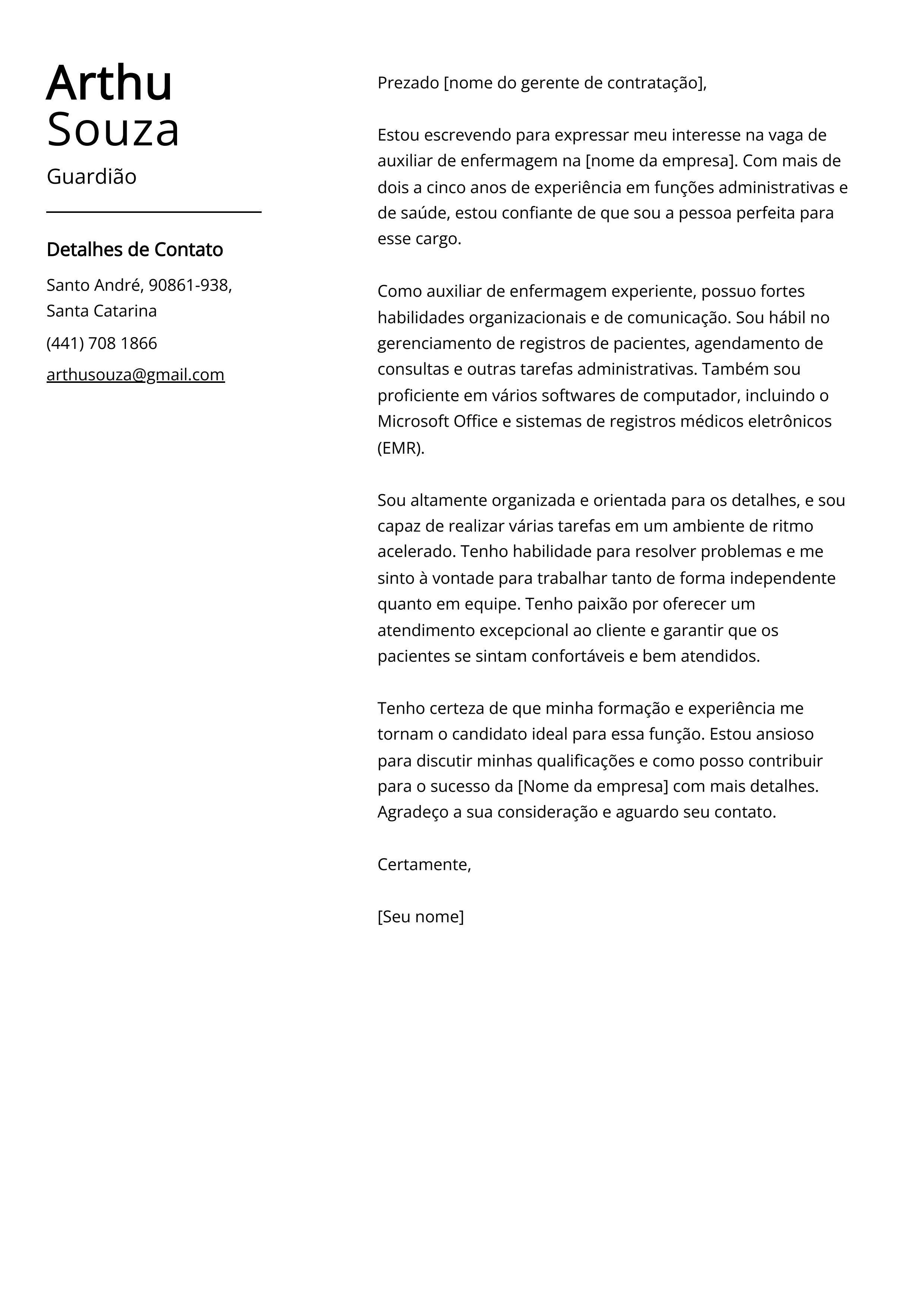 Exemplo de carta de apresentação do Guardião