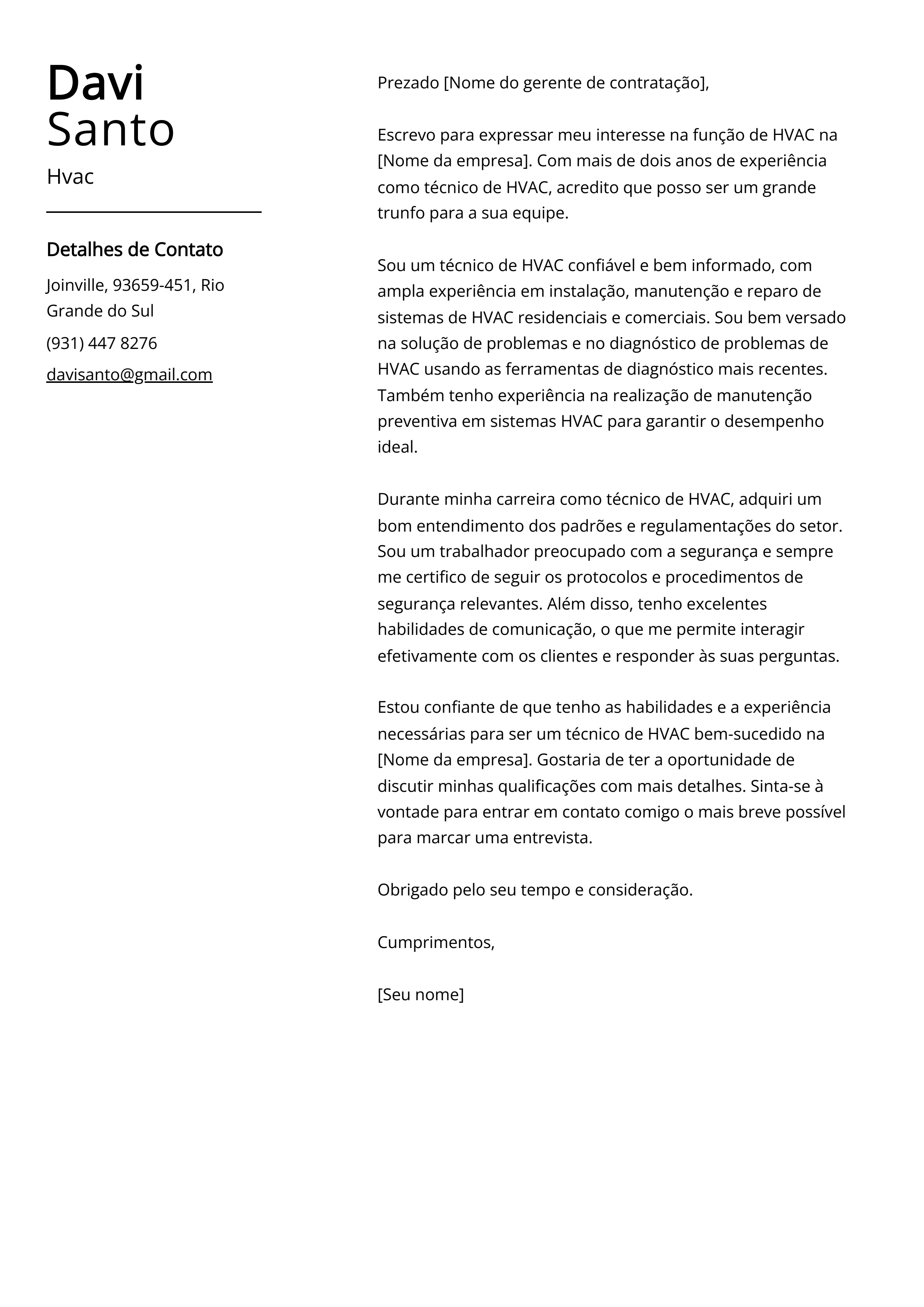 Exemplo de carta de apresentação Hvac