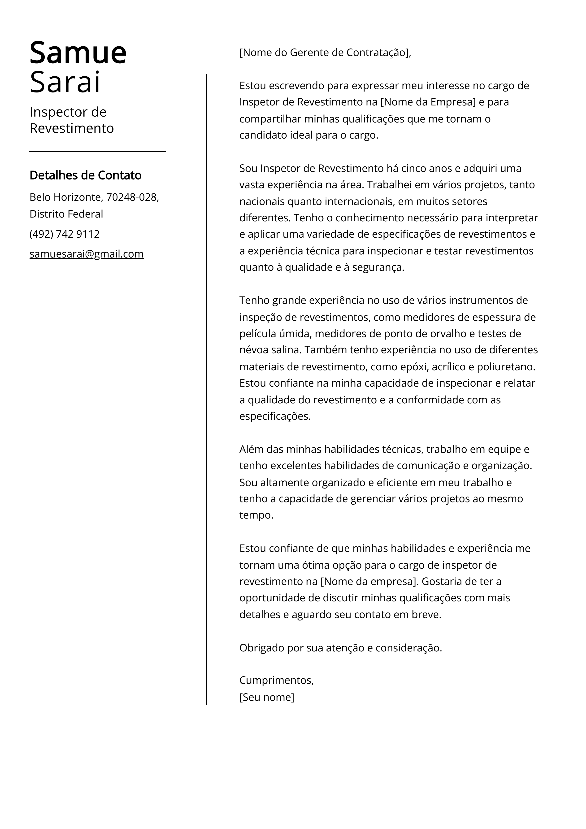 Exemplo de Carta de Apresentação de Inspetor de Revestimento