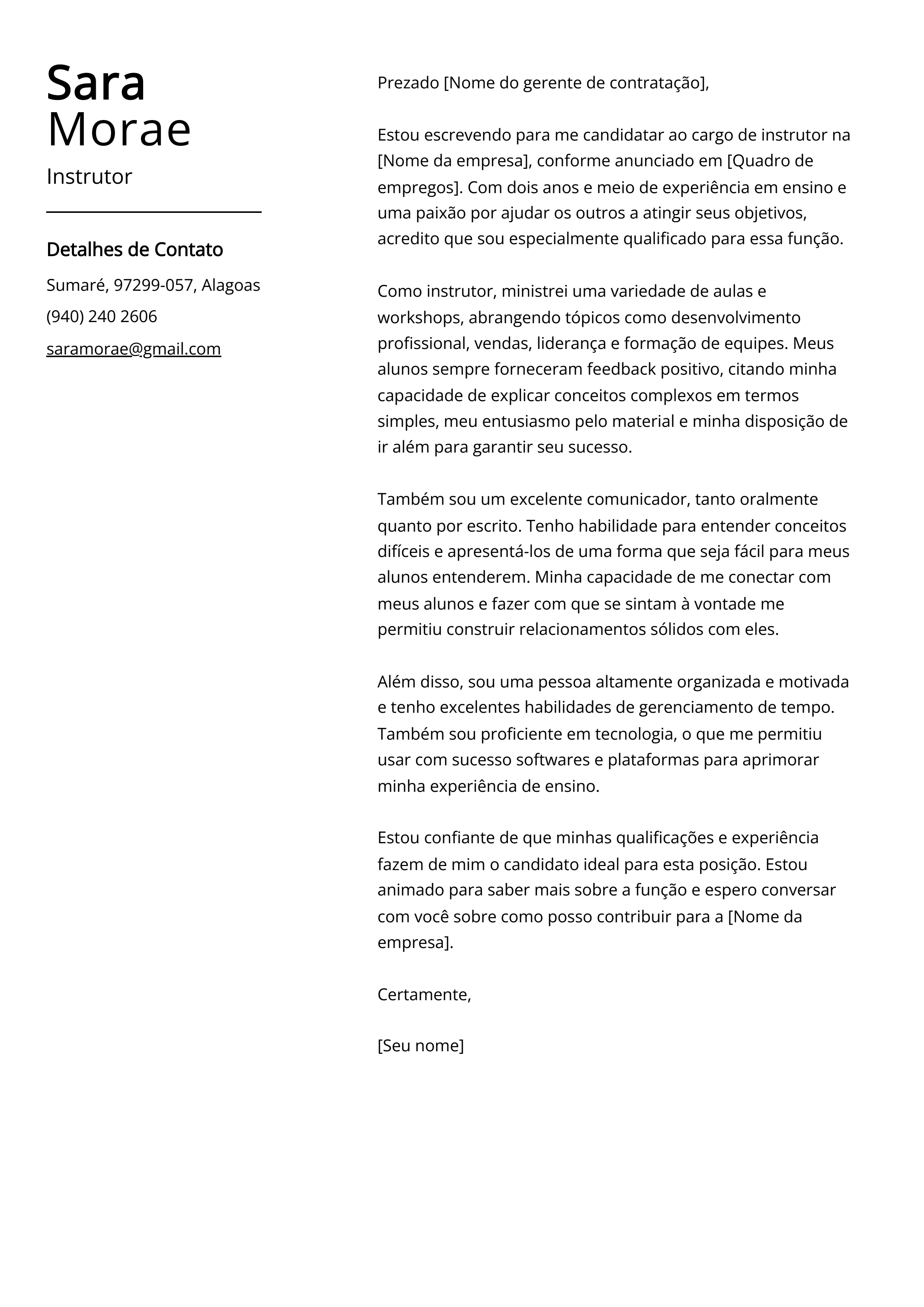 Exemplo de carta de apresentação de instrutor