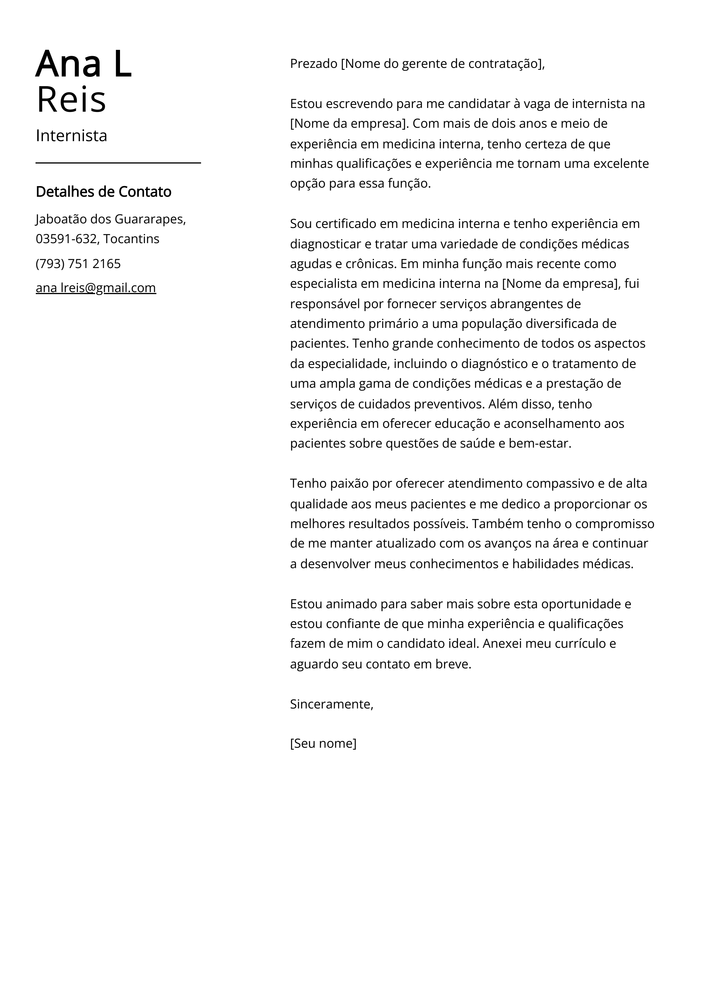 Exemplo de carta de apresentação de Internista.