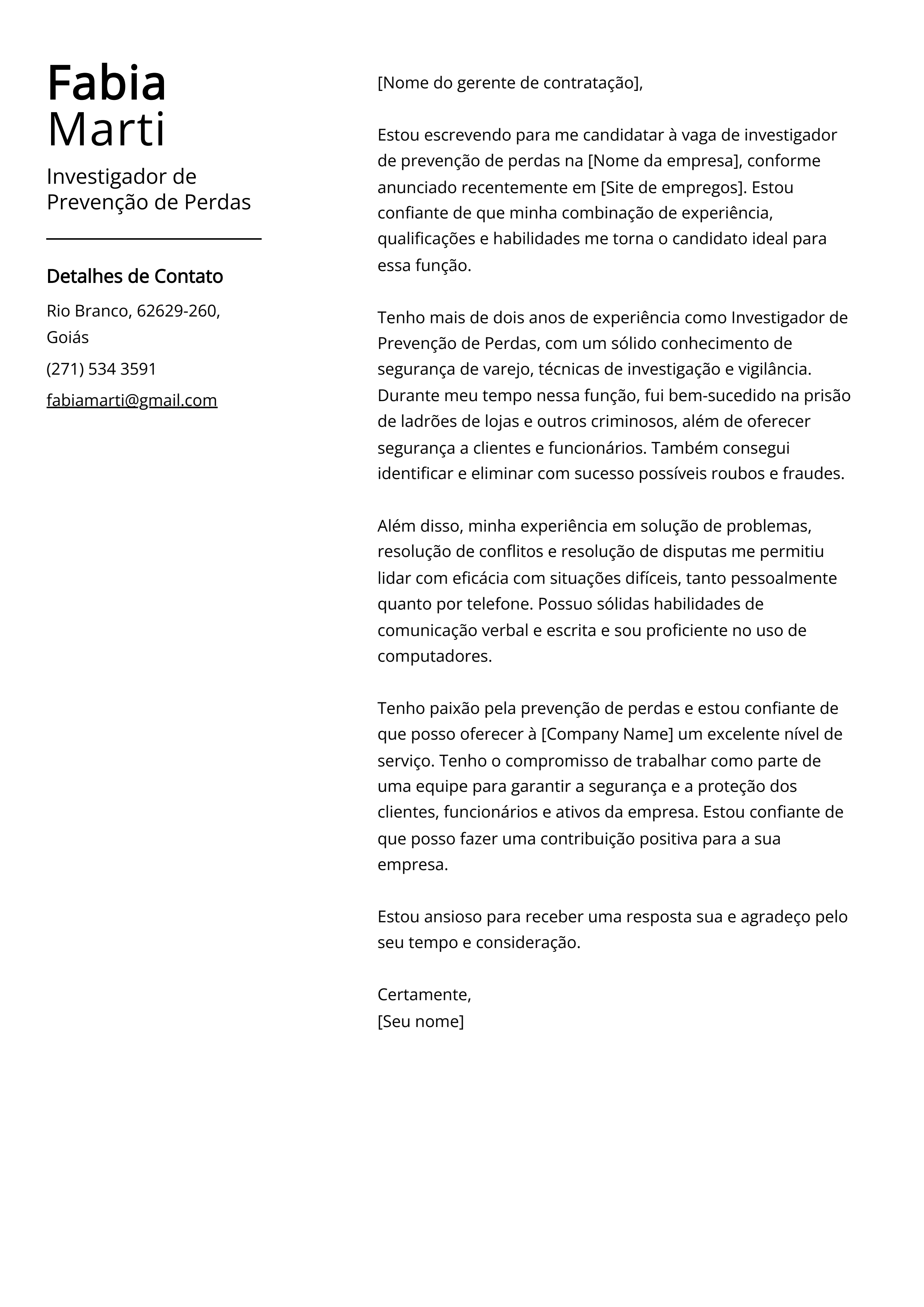 Exemplo de carta de apresentação do Investigador de Prevenção de Perdas