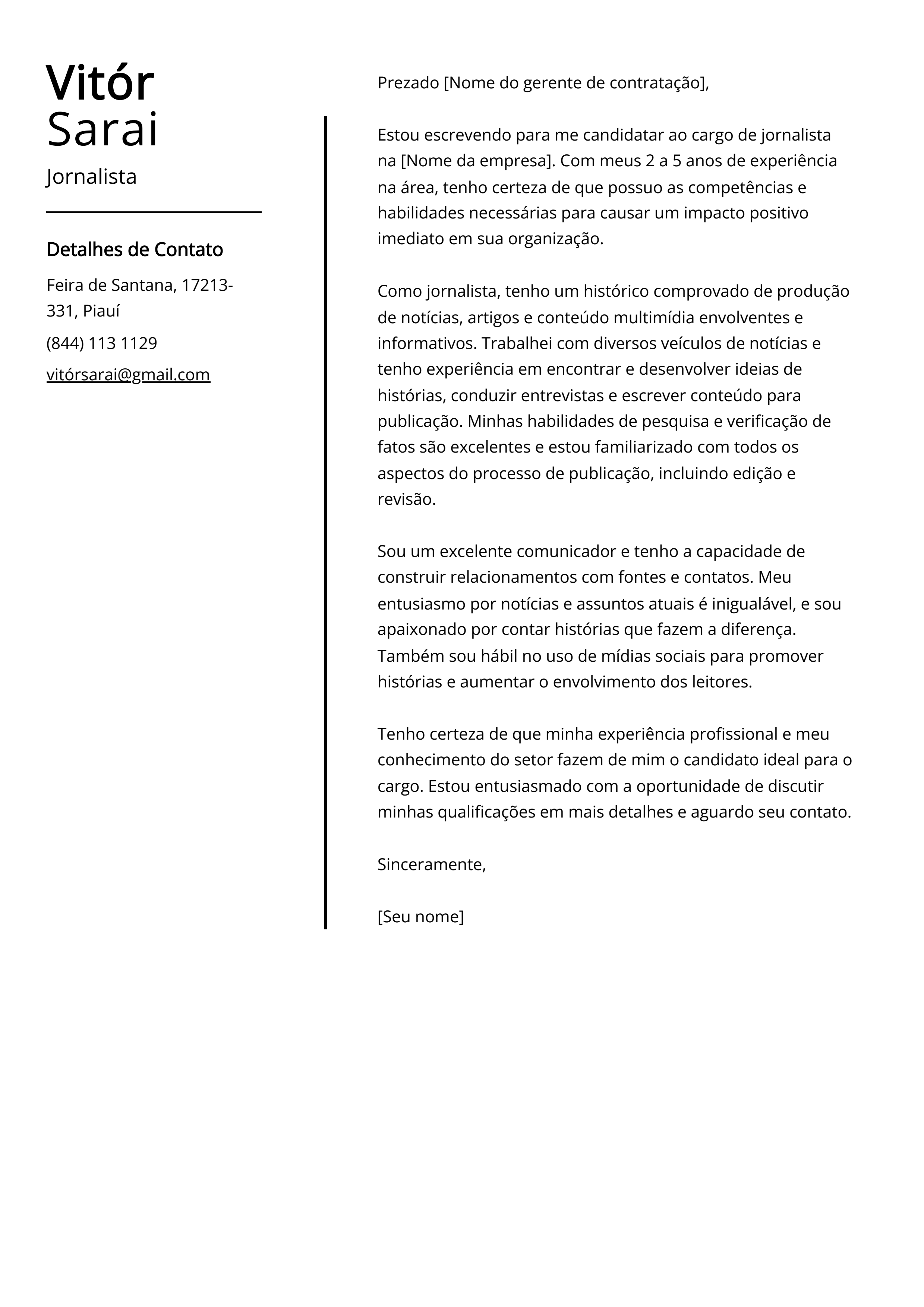 Exemplo de Carta de Apresentação de Jornalista