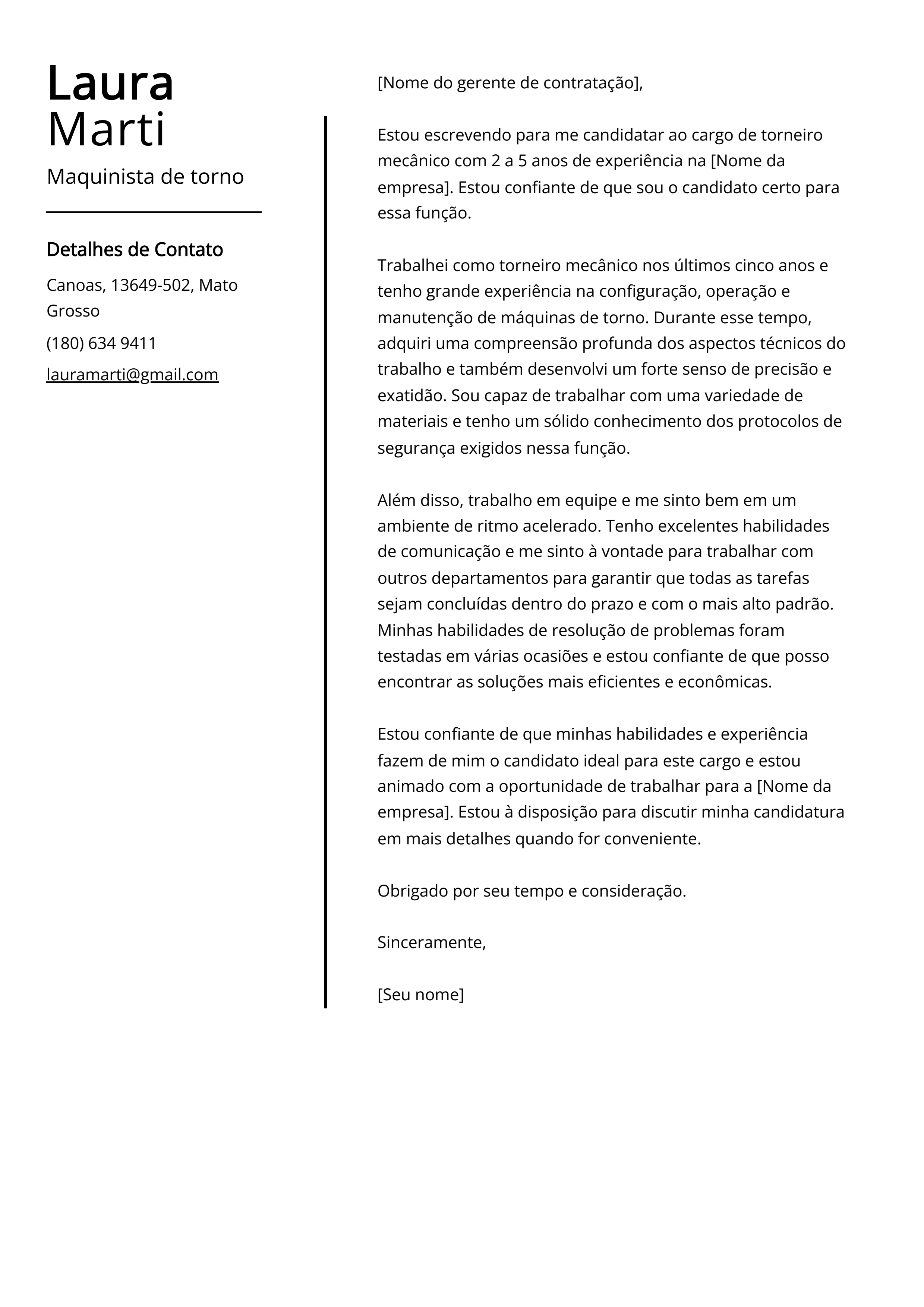 Exemplo de Carta de Apresentação de Maquinista de Torno