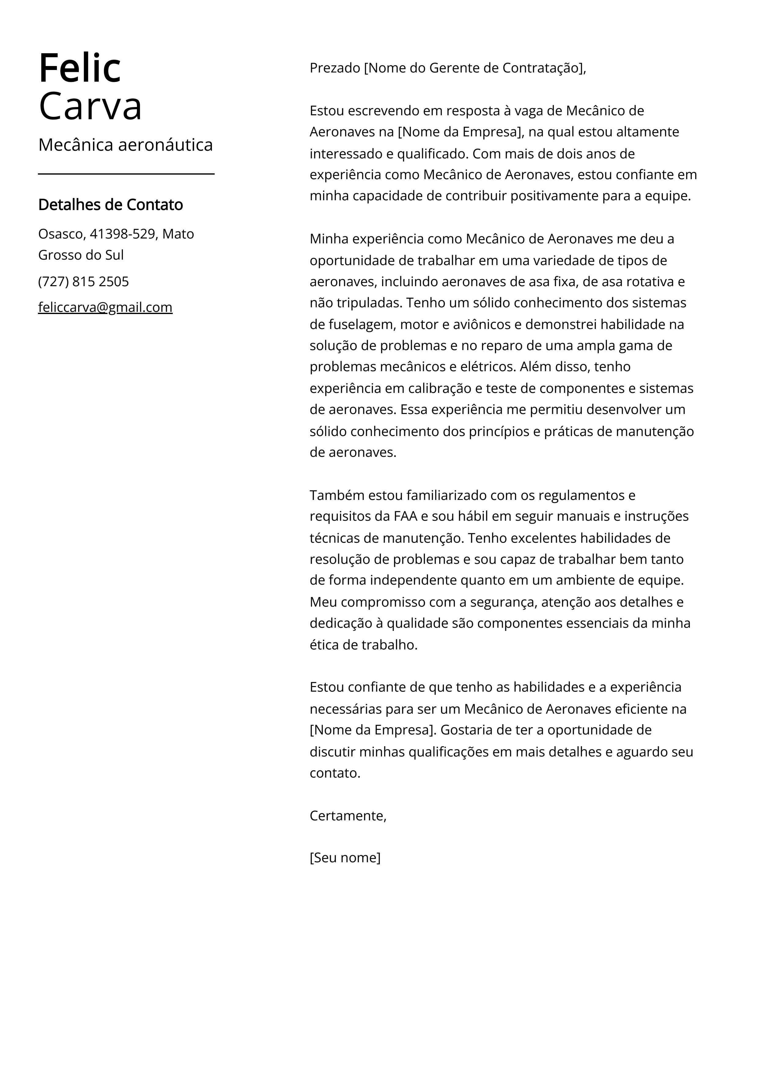 Exemplo de carta de apresentação da Mecânica aeronáutica