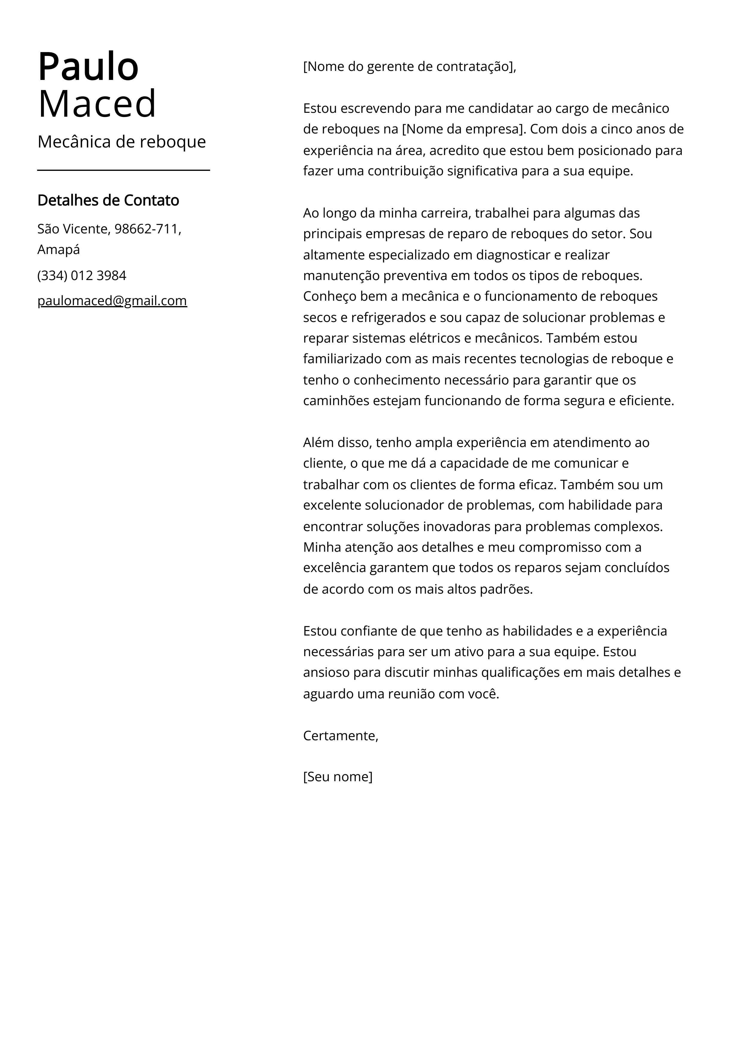 Exemplo de carta de apresentação da Mecânica de Reboque