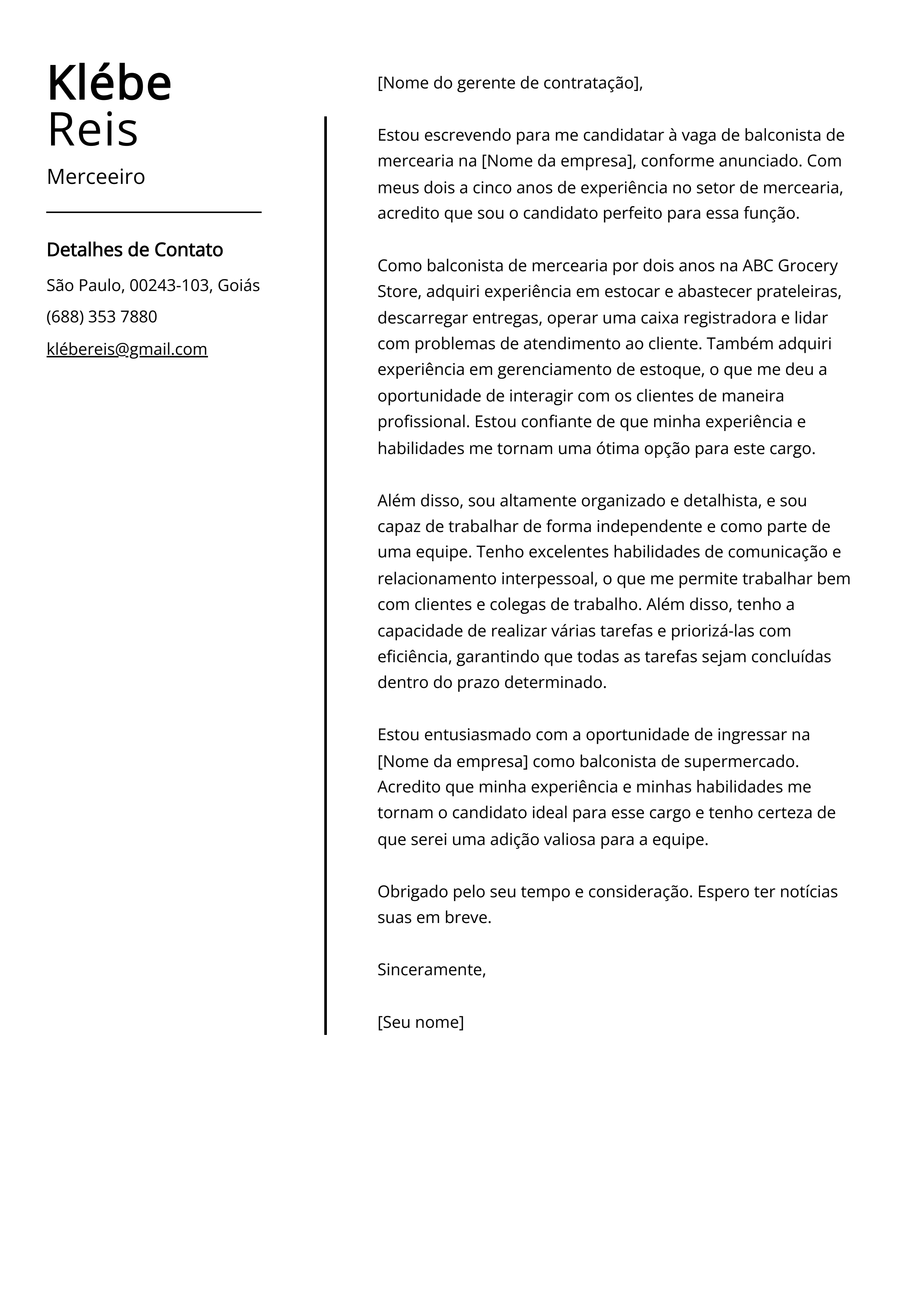 Exemplo de carta de apresentação do Merceeiro