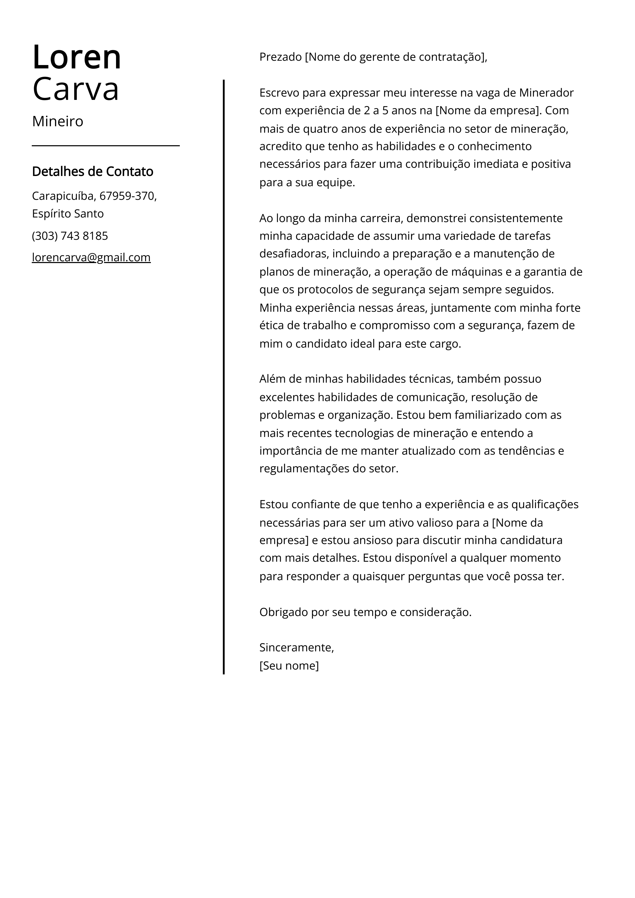 Exemplo de carta de apresentação mineira