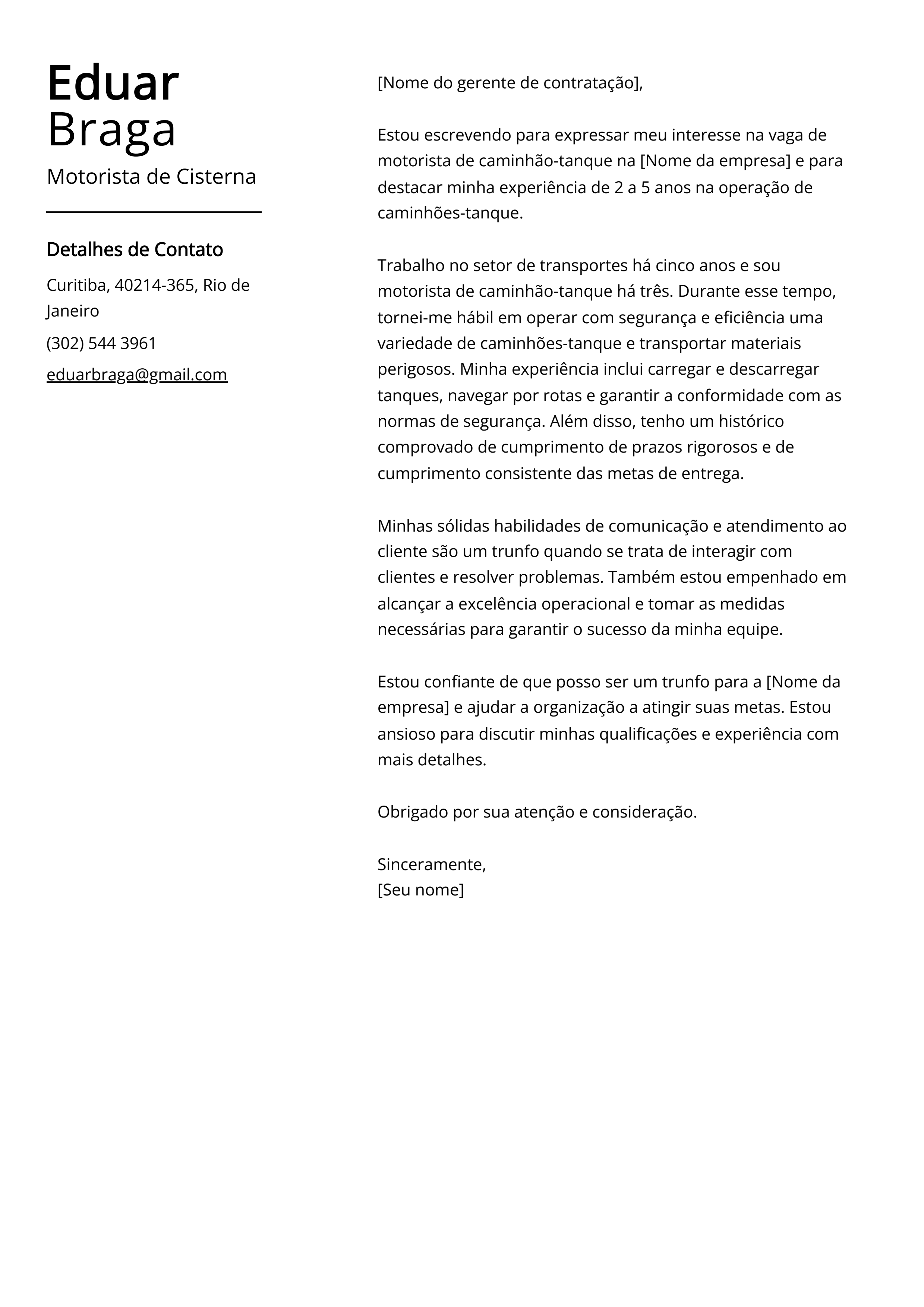 Exemplo de carta de apresentação de Motorista de Cisterna