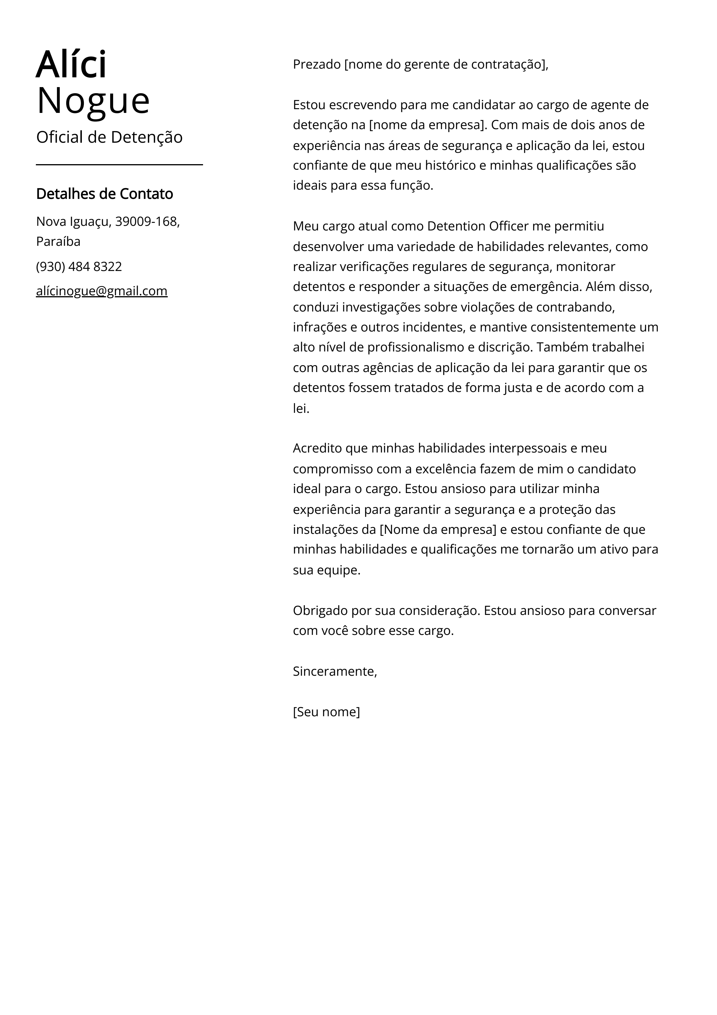 Exemplo de carta de apresentação do Oficial de Detenção