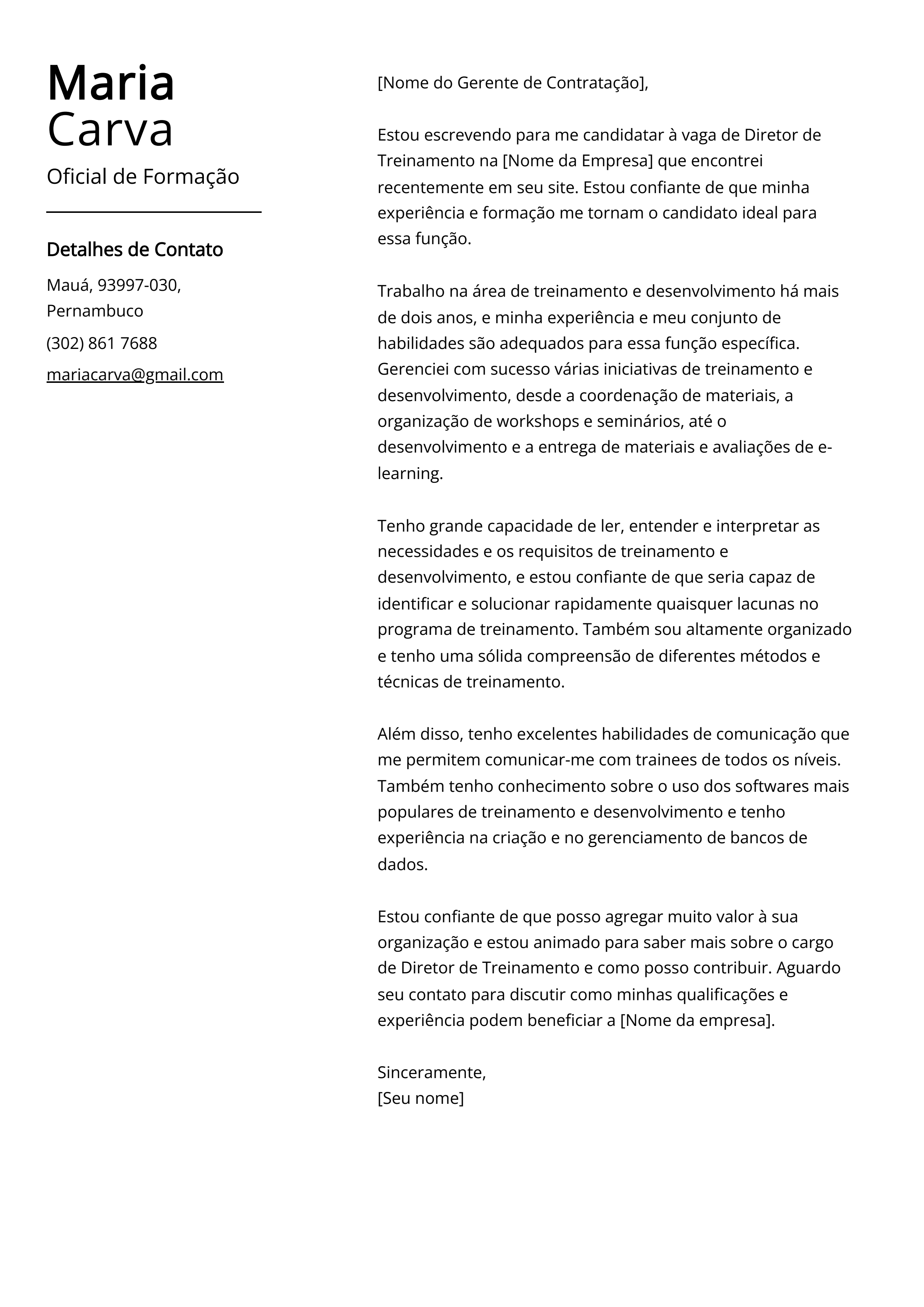 Exemplo de carta de apresentação do Oficial de Formação