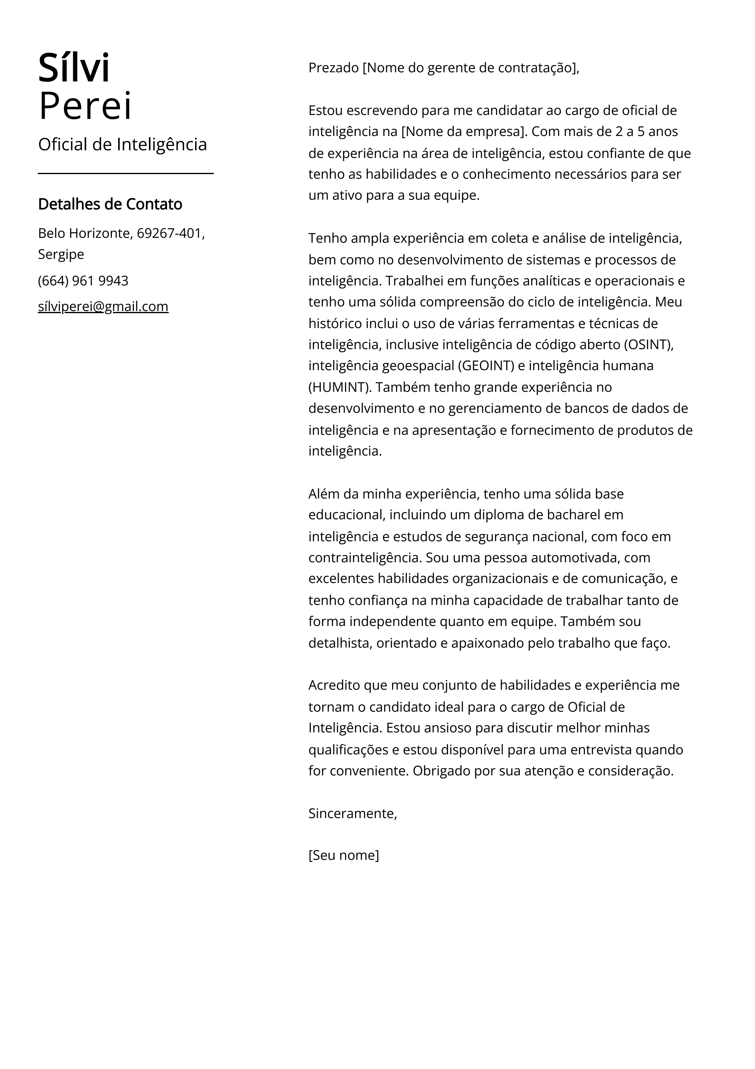 Exemplo de carta de apresentação do Oficial de Inteligência