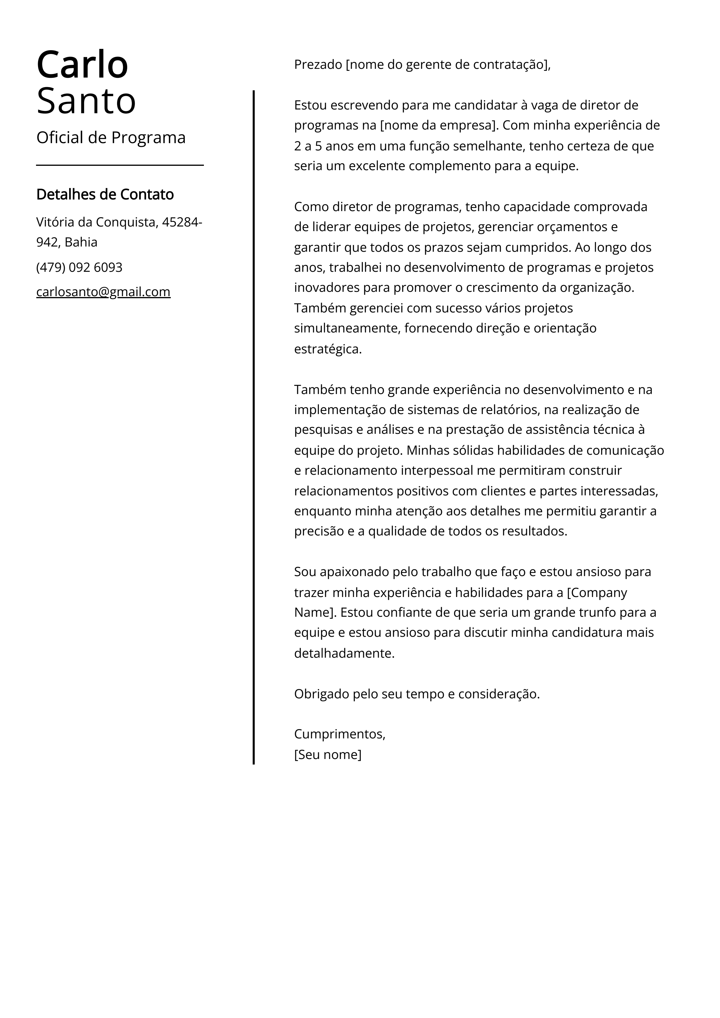 Exemplo de carta de apresentação do Oficial de Programa