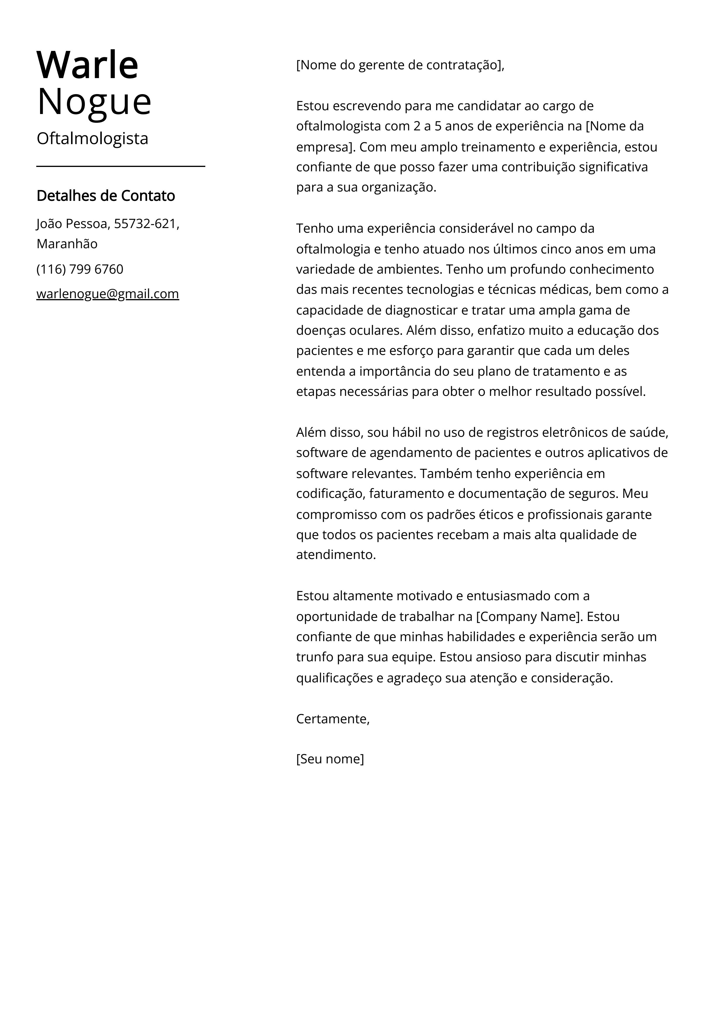 Exemplo de carta de apresentação de oftalmologista