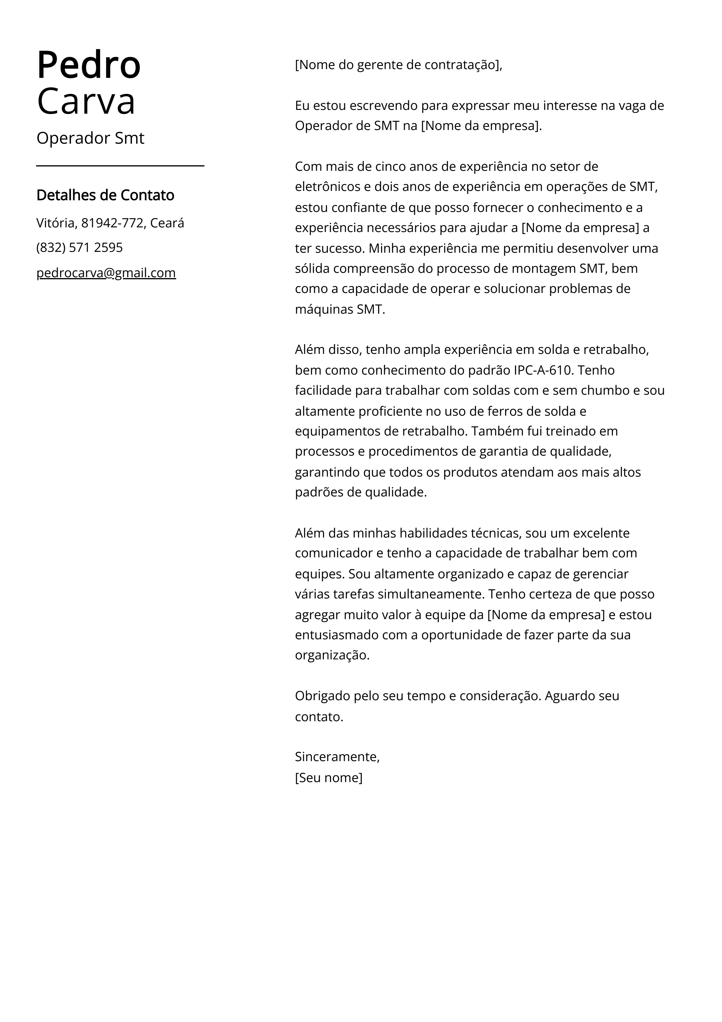 Exemplo de carta de apresentação do Operador Smt