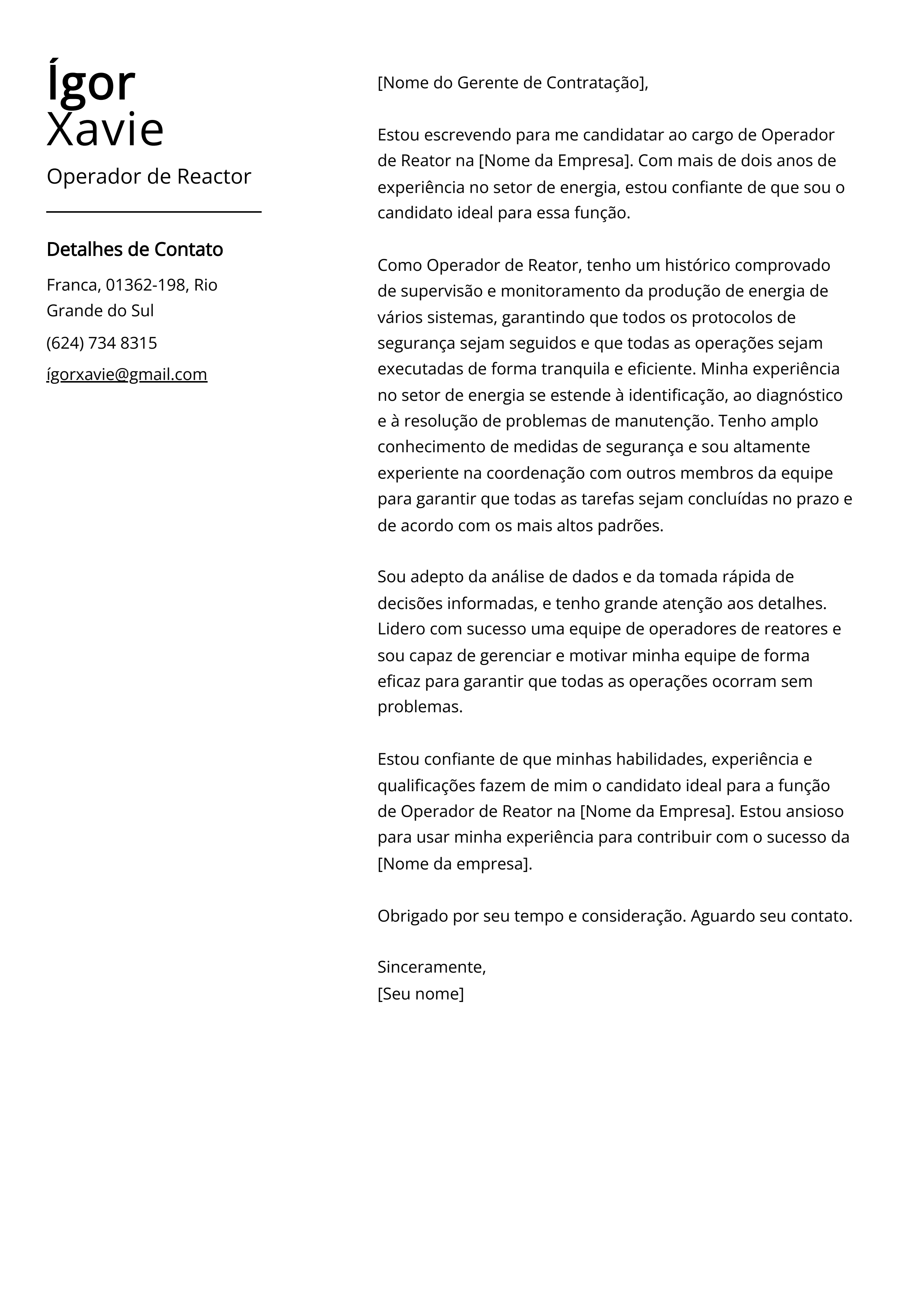 Exemplo de carta de apresentação do Operador de Reator