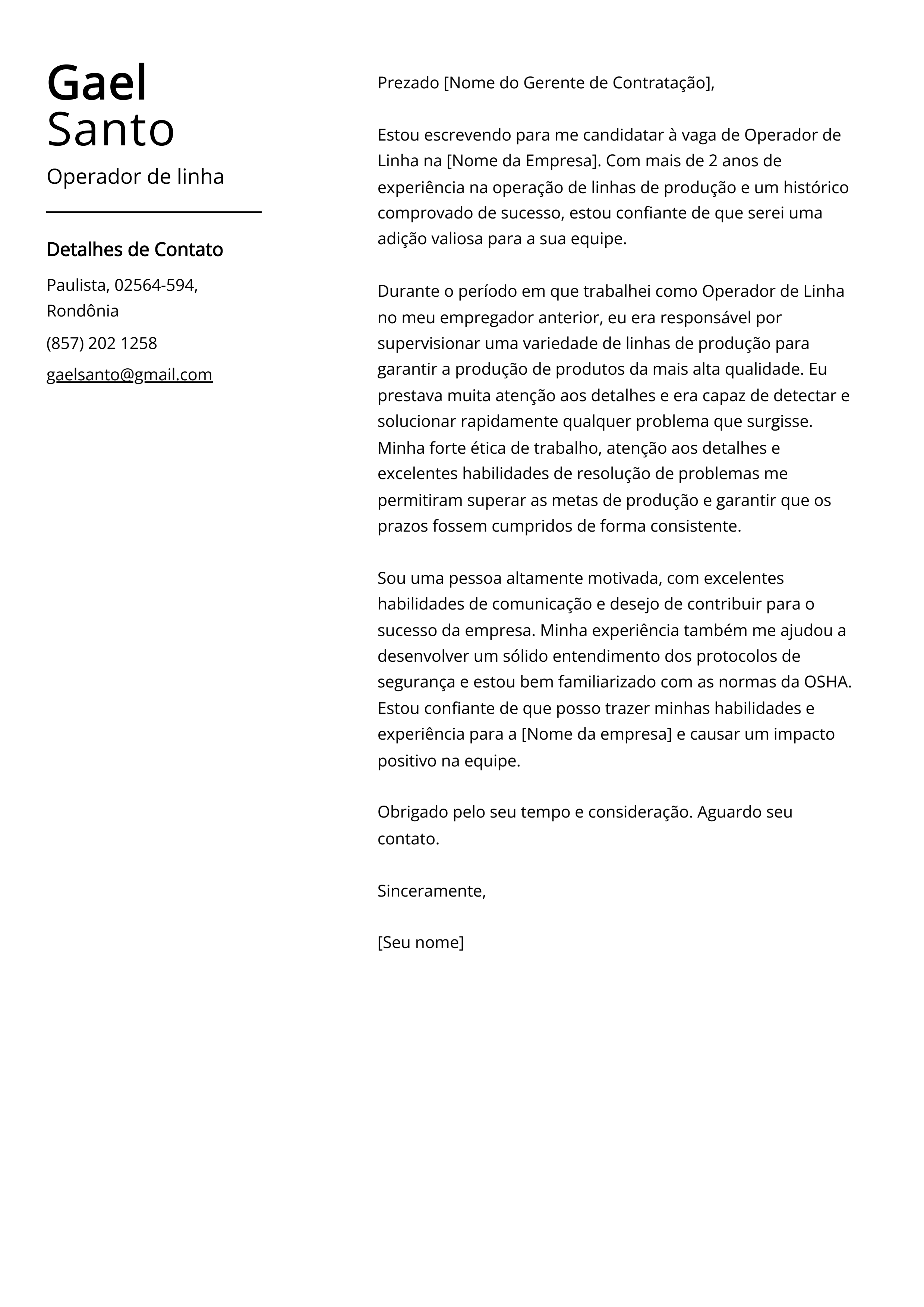 Exemplo de Carta de Apresentação de Operador de Linha