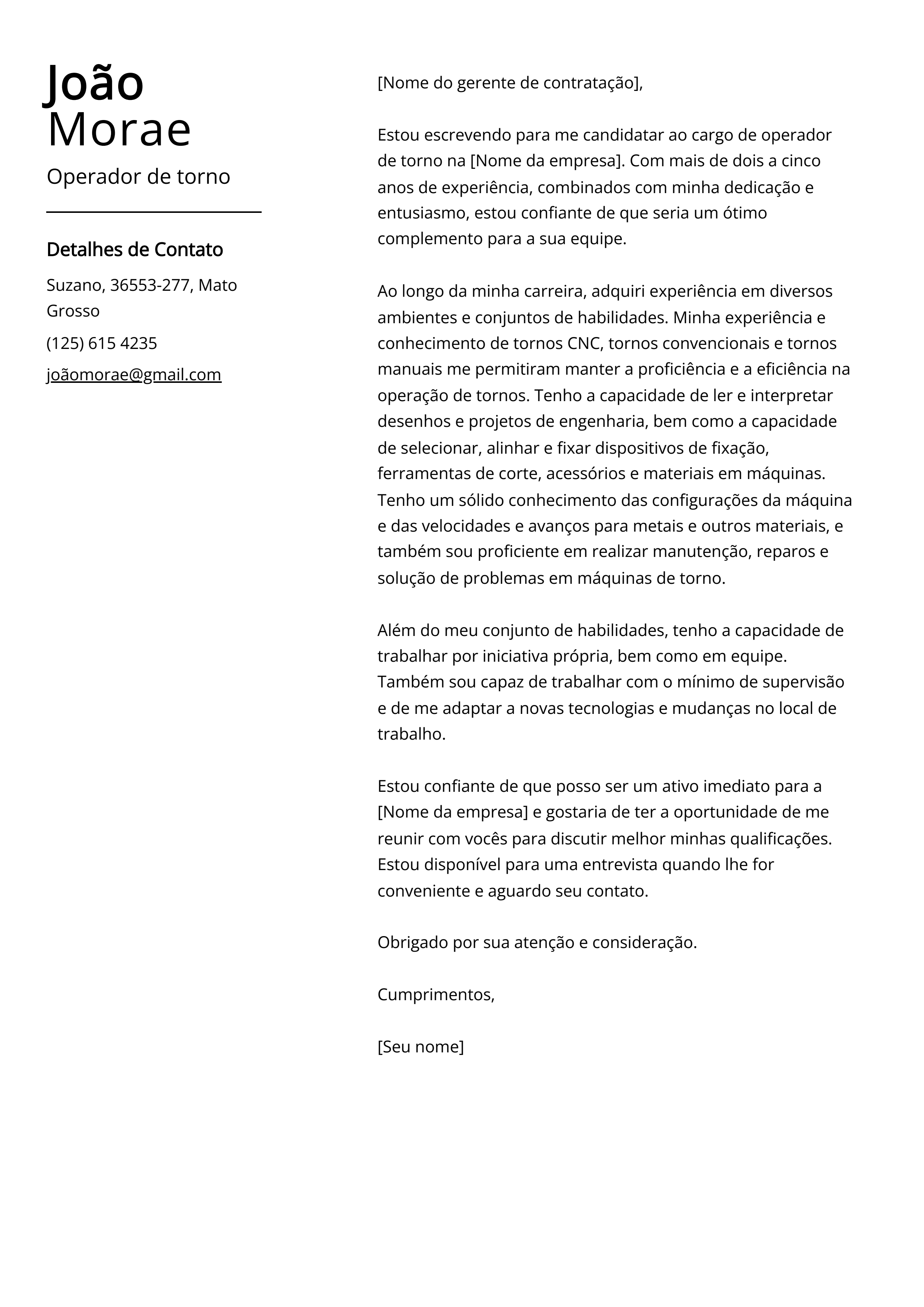 Exemplo de carta de apresentação do Operador de Torno